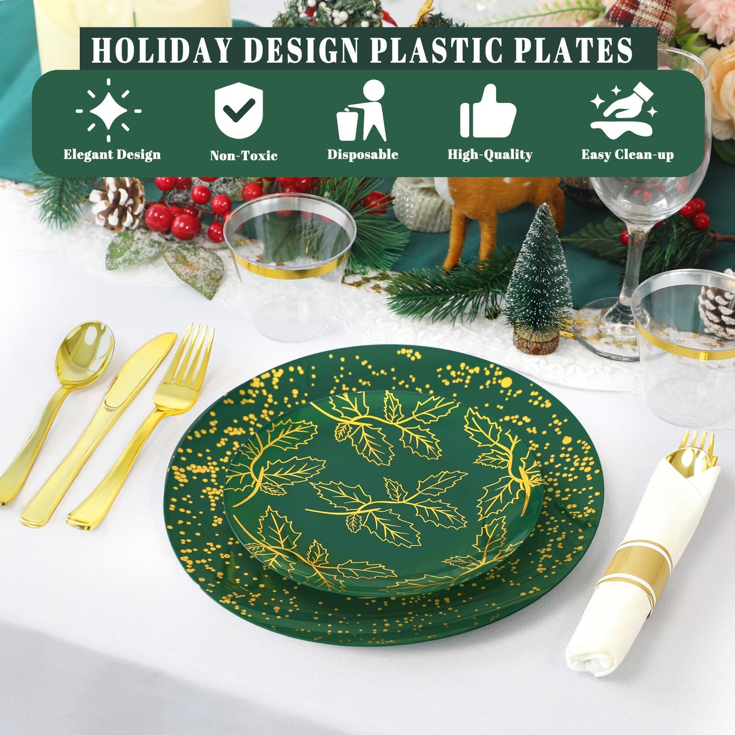 qonimi 175PCS Christmas Party Supplies - Christmas Plastic Dinnerware Set for 25 Guests, 50 Dinner Plates, 25 Cups, 25 Pre-Rolled Napkins with Plastic Cutlery, Gold Tree Design for Party