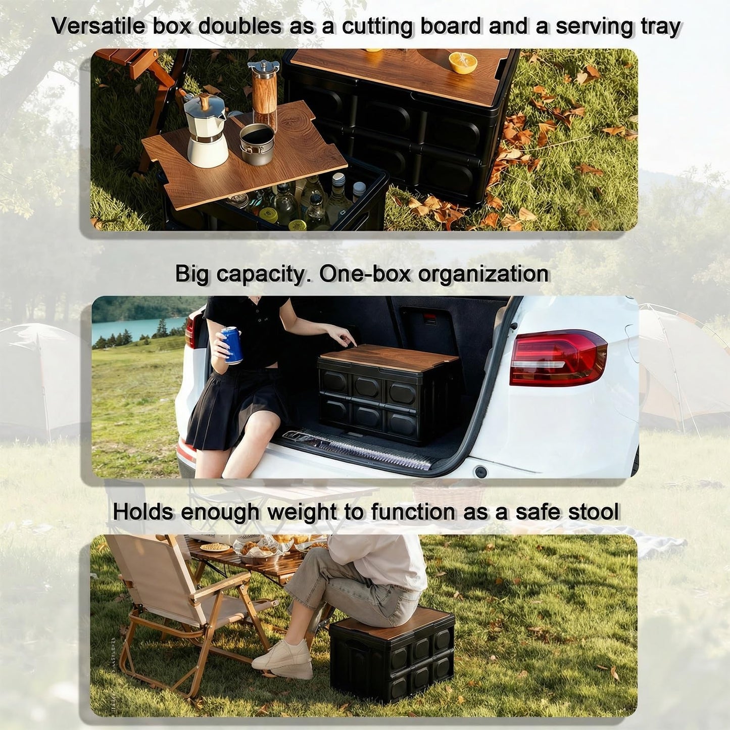 CTESNE【3-in-1 Wooden Lid 32L Storage Bins with Lids and Handle，Portable Foldable Storage Box ，Plastic Stackable Storage Bins for Camp Car RV, Office (Black)