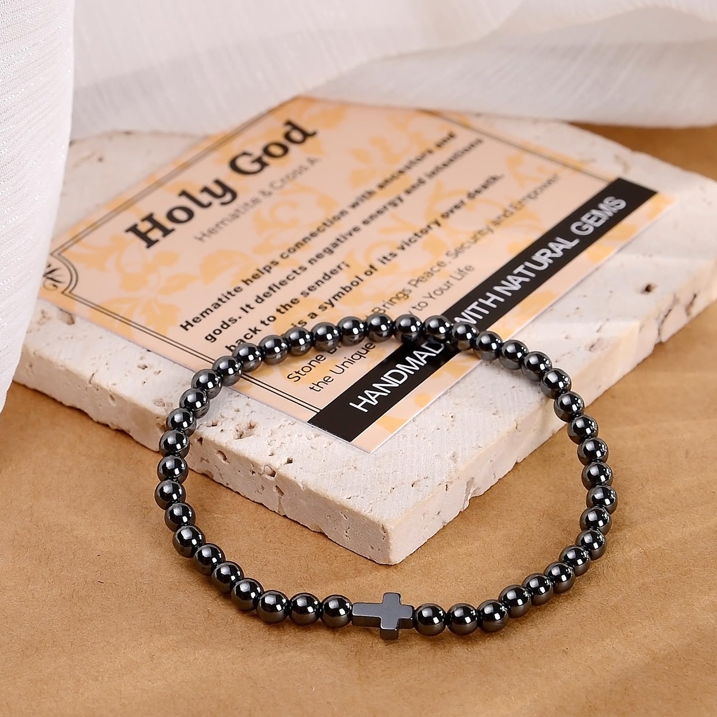 MASSIVE BEADS Hematite and Cross - Holy God Handmade Handmade Yoga Stretch Elastic Bracelet Natural Stone Crystal Healing Power Energy Gifts for Unisex Adult 4mm