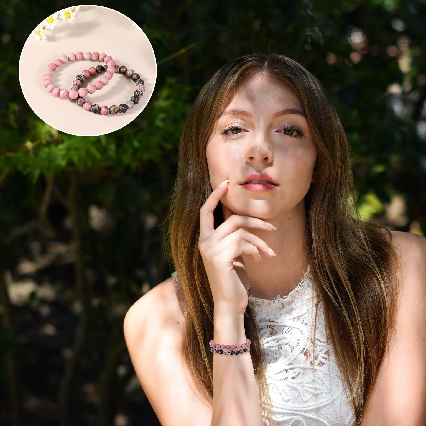 Bivei Natural Gemstone Semi Precious Crystals Handmade Stretchy Round Beads Bracelet, Enhance Positive Energy,Stocking Stuffers for Women(Rhodochrosite & Rhodonite (Love & Compassion) Medium)