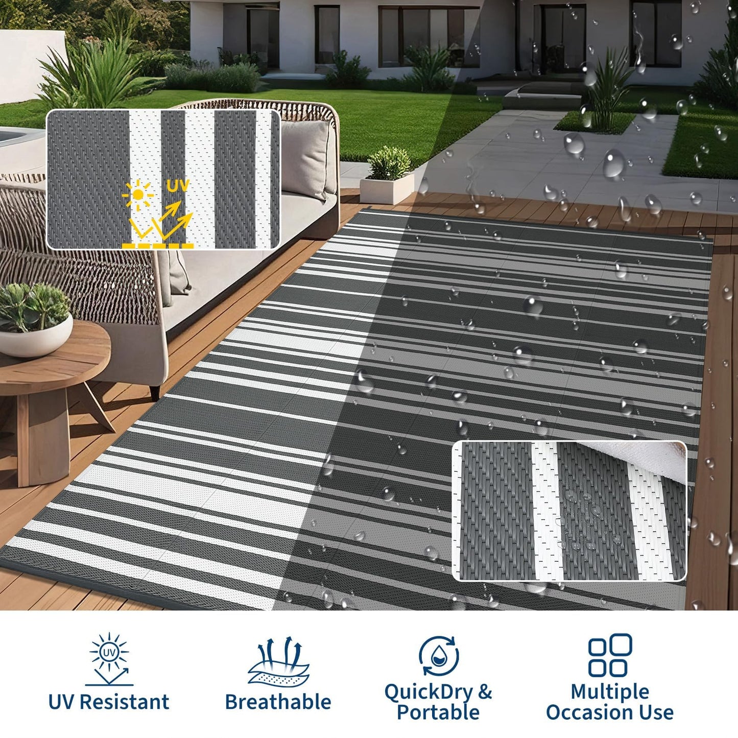 Jojoka Modern Outdoor Rug Reversible Plastic Straw Rug, Geometric Lines Pattern, UV-Resistant Portable Camping Carpet for Patio, RV, Deck, Trailer & Poolside