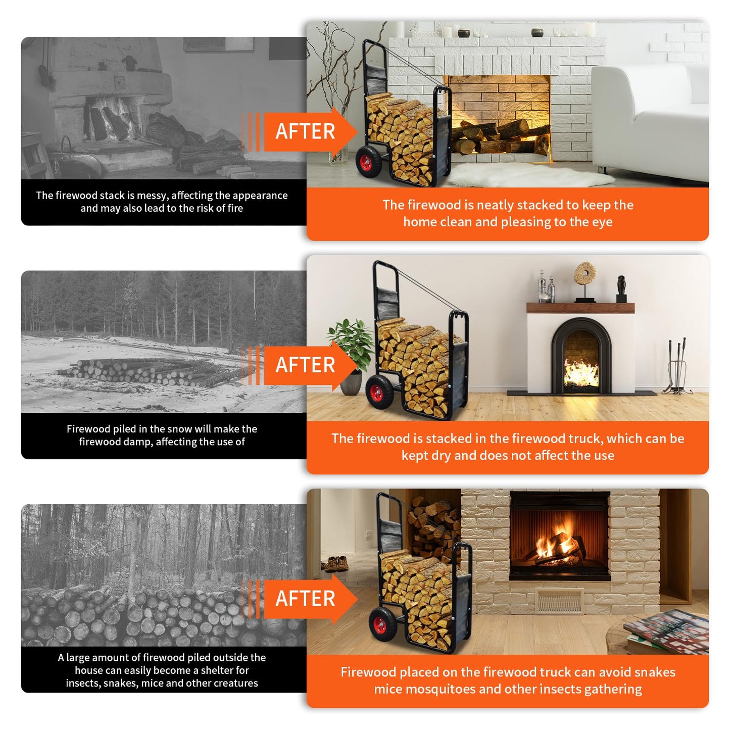 Doublehorse Firewood Cart with Pneumatic Wheel: 27 x 20 x 44 in Large Heavy Duty Metal Waterproof Portable Storage Rack - for Outdoor Camping Backyard Fireplace Indoor Use for Women Men