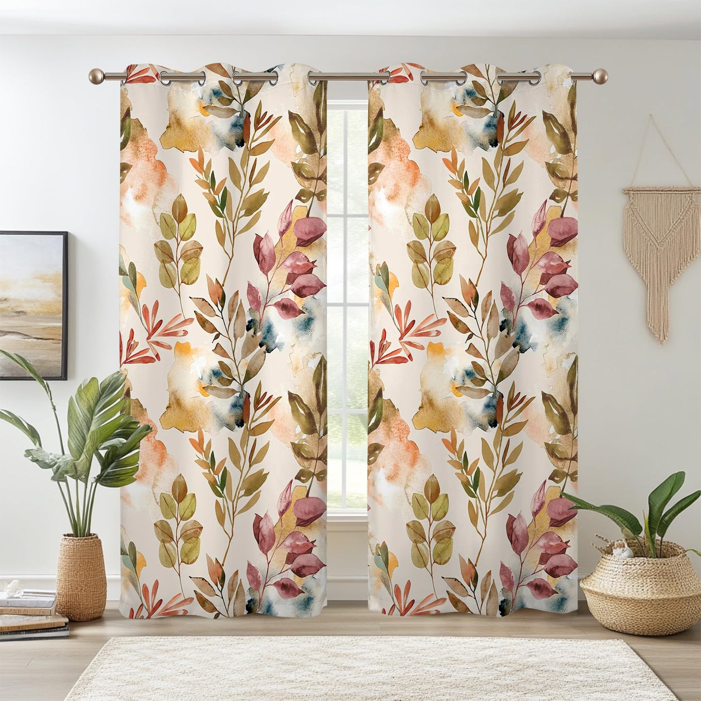 Renaiss Printed Decorative Curtains for Living Room Modern Beige Leaves Pattern Window Drapes & Curtains 2 Panels Set, Thermal Insulated Fabric Room Darkening Curtains Pretty Home Decor 53" W x 84" L
