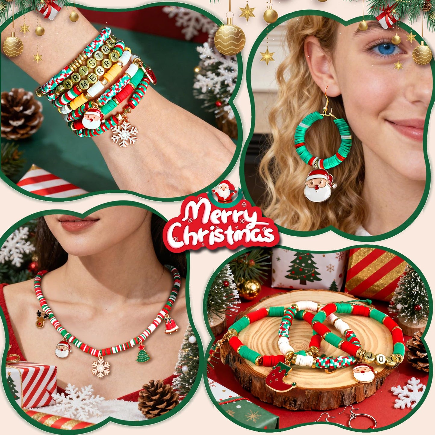 Redtwo Christmas Beads for Bracelets, 3000 Pcs Clay Beads Bracelat Making kit Golden Beads Christmas Crafts Decorations Charms for Jewelry Making, Gifts for Teen Girls Age 6-12
