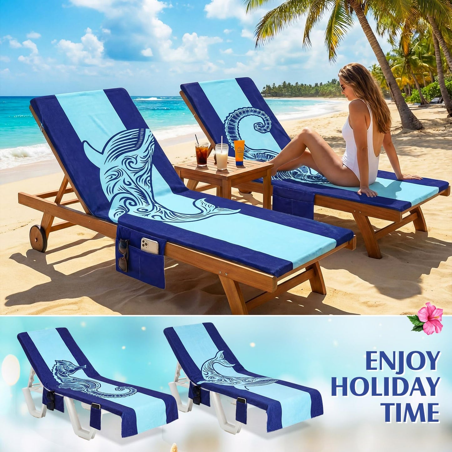 Hillsuren 2 Pcs Pool Lounge Chair Towel Cover with 3 Pockets, 85 x 30 Inch Beach Pool Chair Towels Microfiber Chaise Lounge Covers for Outdoor Summer Sunbathing Beach Garden Lounger(Haima Whale)
