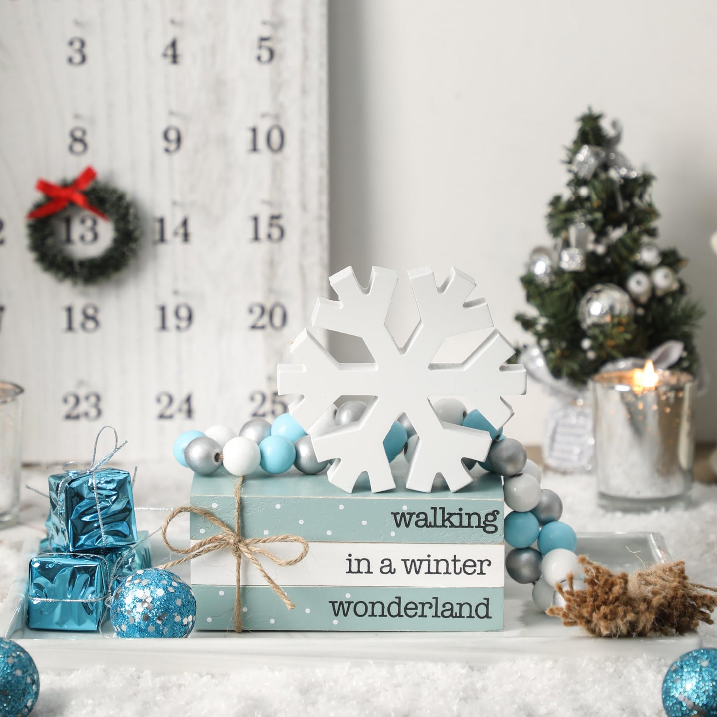 WODOHOLO 5Pcs Winter Wooden Tiered Tray Decor, Wooden Book Stacks Bundle with Snowflake Table Decor, Blue Xmas Rustic Farmhouse Tabletop Centerpieces Home Kitchen Decoration