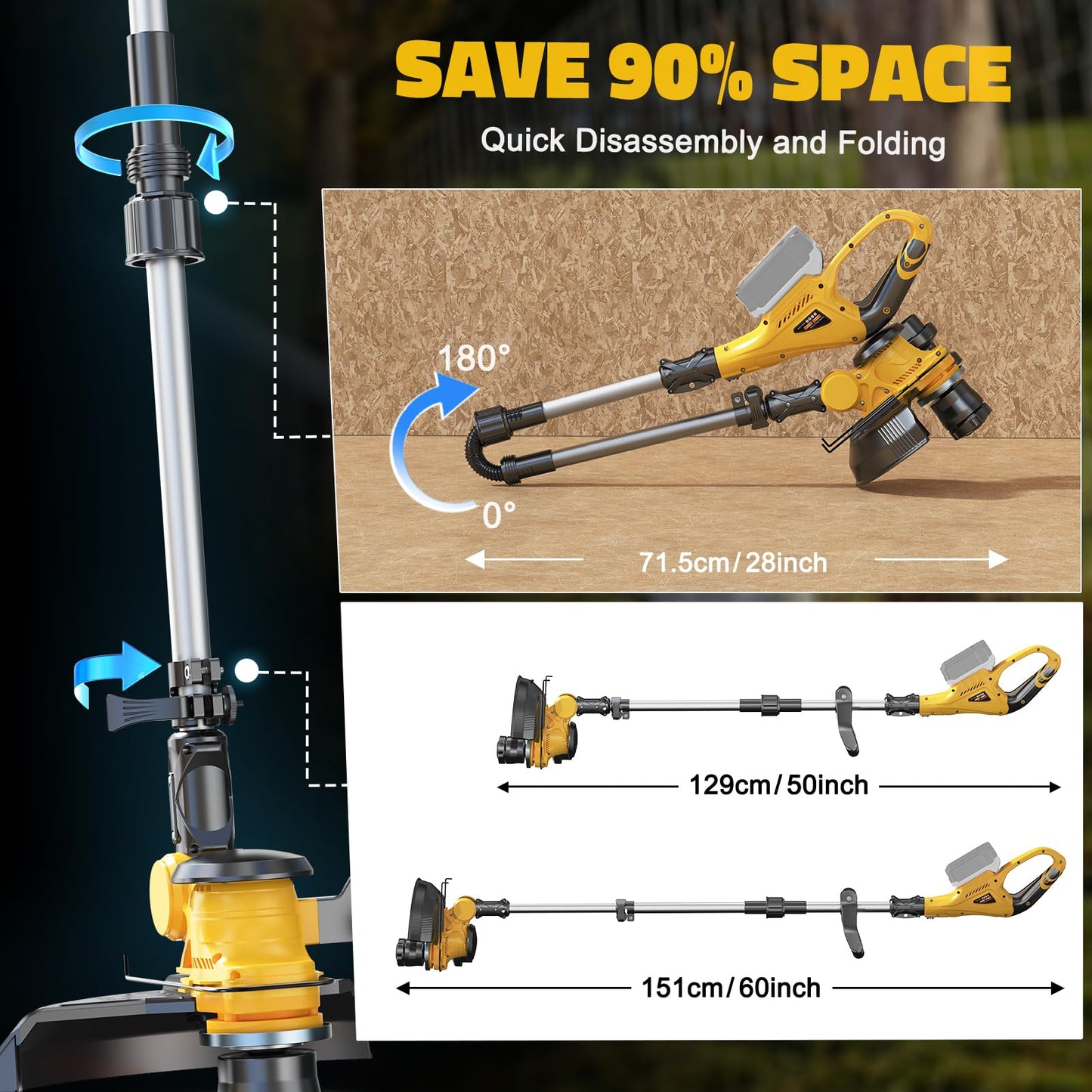 Cordless String Trimmer Compatible with Dewalt 20V (Tool Only), MtiolHig 3 IN 1 Weed Eater with Brushless Motor & Battery Level Display, Electric Weed Wacker/Edger Trimmer for Yard, w/ 18 Line, Yellow