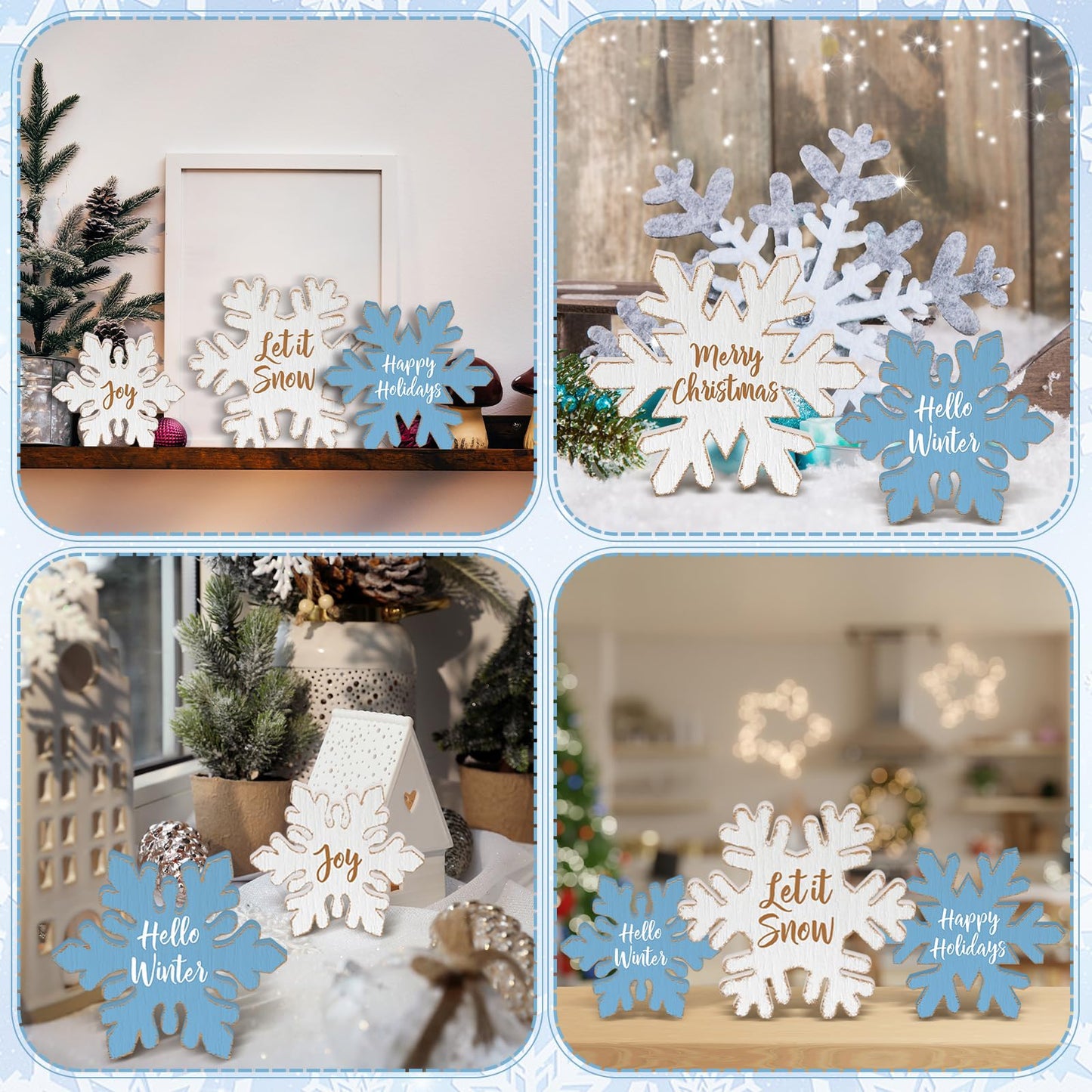 Thyle 5 Pcs Winter Wooden Snowflake Decor Rustic Winter Table Centerpiece White and Blue Wood Blocks with Heartwarming Quote Table Standing Signs for Farmhouse Fireplace Mantel Home