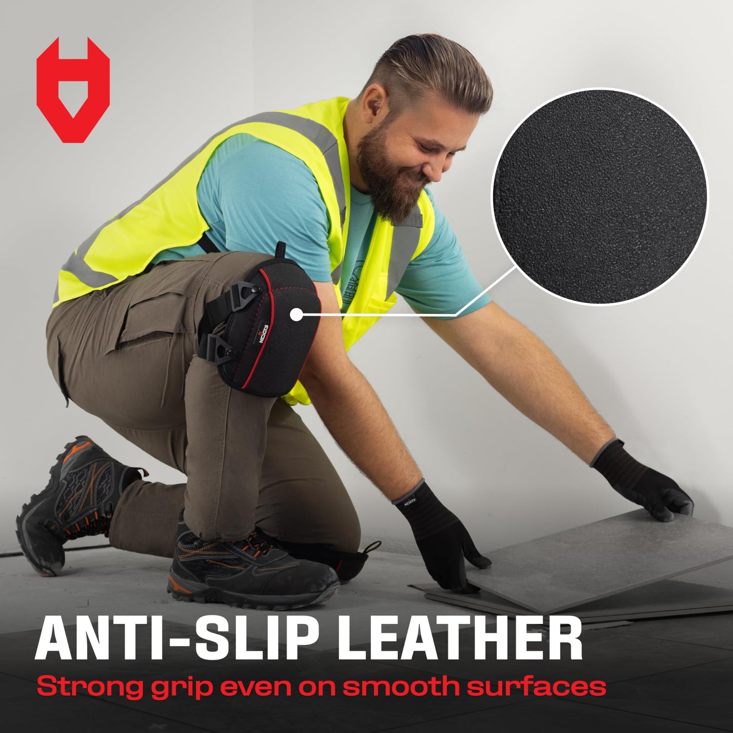 NoCry Flooring Knee Pads for Men with Extra-Wide Gel & Thick Foam Cushion — Floor-Safe Anti-Slip Leather Kneepads for Construction Work with Reinforced Adjustable Straps and Military-Grade Rivets
