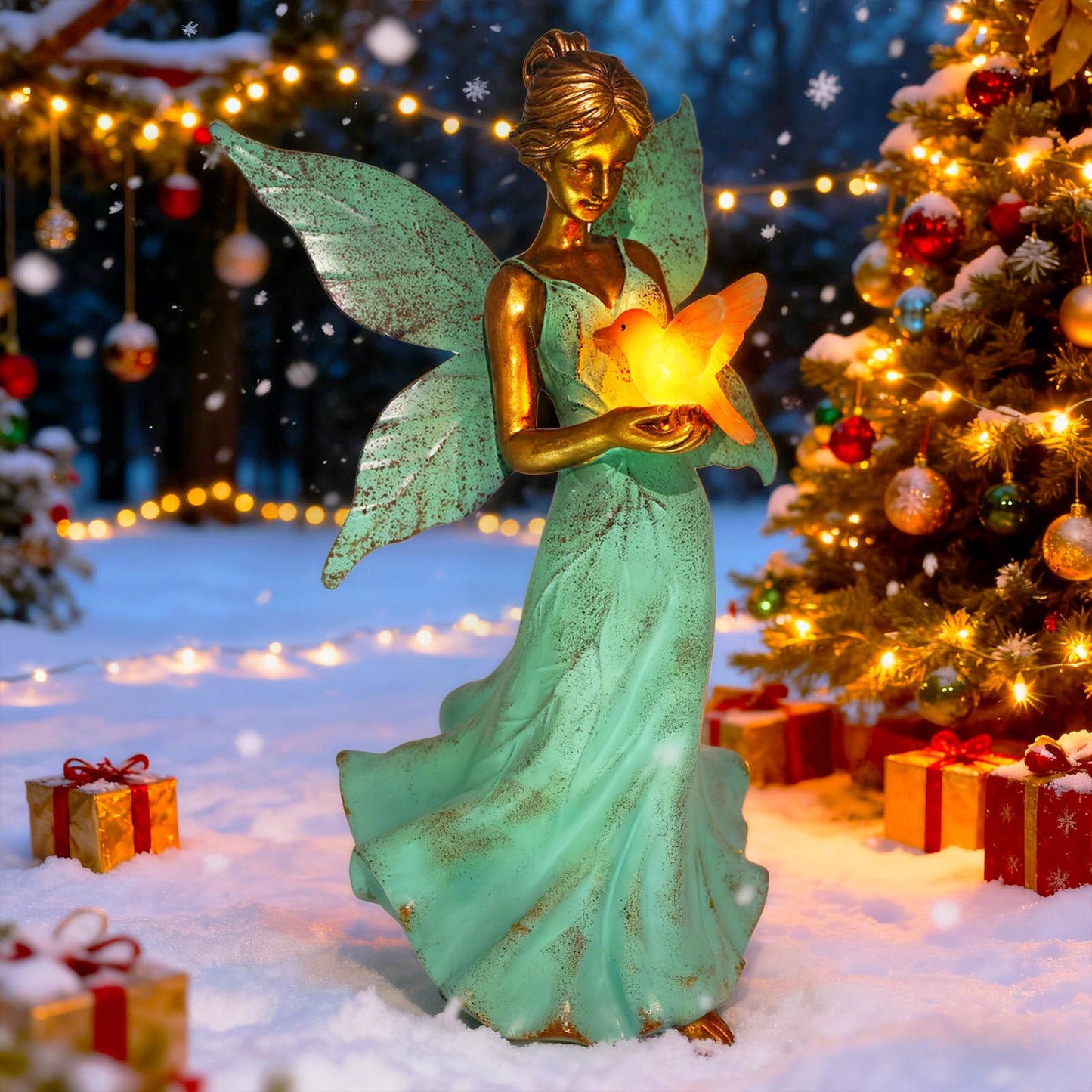 Solar Fairy Garden Statue Decor - Gifts for Women Mom Mother's Day, 10 Inch Angel Girls Resin Figurine Waterproof Home Decoration with Hummingbird LED Lights for Bedroom Balcony Table Yard Patio