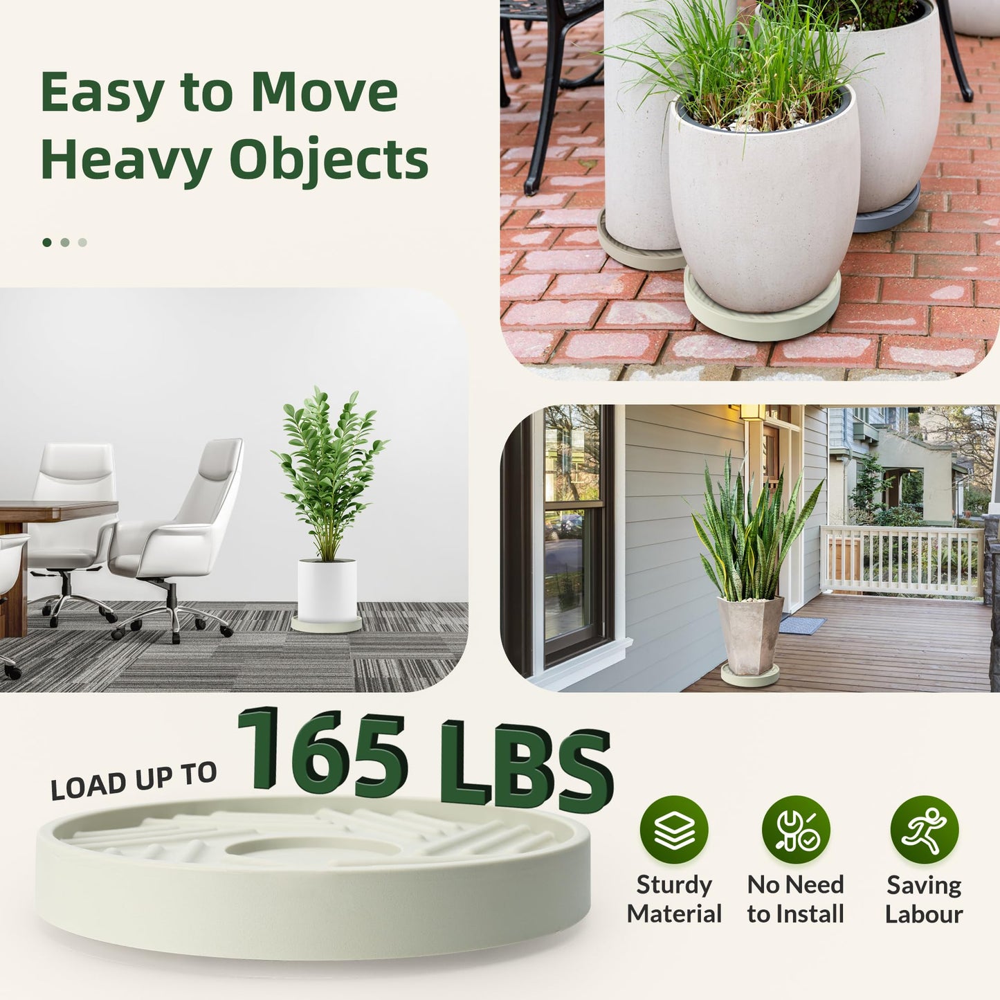 REDHUGO 2PCS Round Plant Caddy with Hidden Wheels, Heavy Duty Rolling Plant Stand Caddy with Wheels, Pot Base for Indoor Outdoor, Beige, 10 inches
