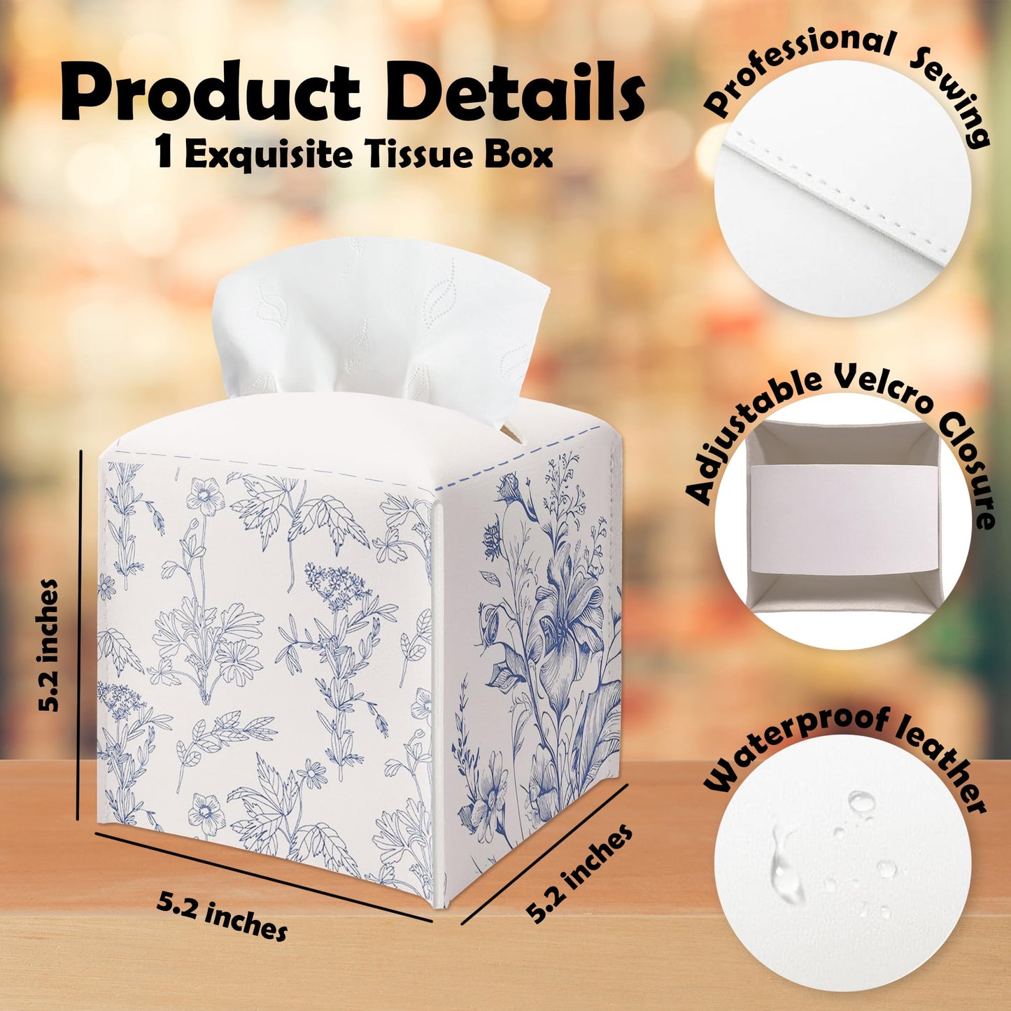 Spring Floral Tissue Box Cover Square - Sketch Flowers Tissue Holder - Waterproof Facial Paper Organizer for Home Bathroom Office - Desk Tabletop Supplies Decorative Dispenser Box - A03