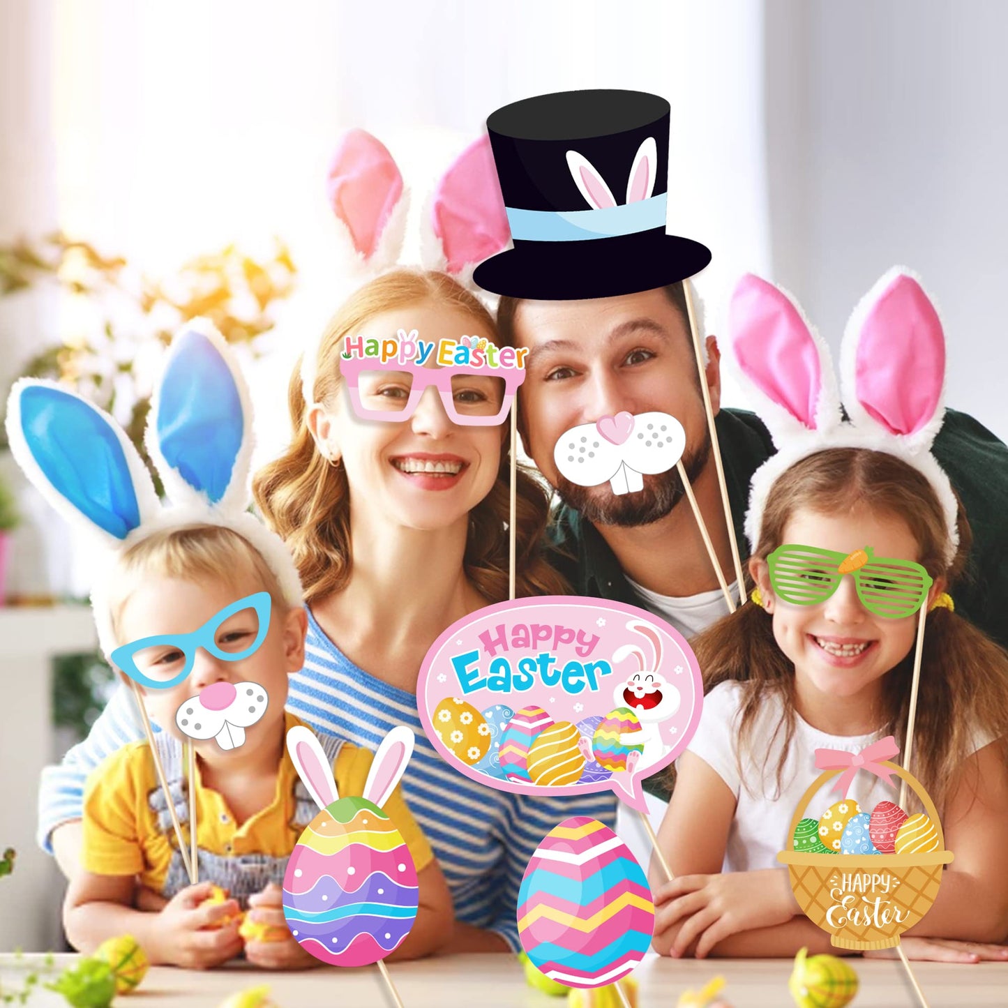25 Pcs Happy Easter Photo Booth Props for Happy Easter Party Decoration Supplies, Easters Theme Selfie Props Photography Backdrop Decorations for Spring Easters Party Favors