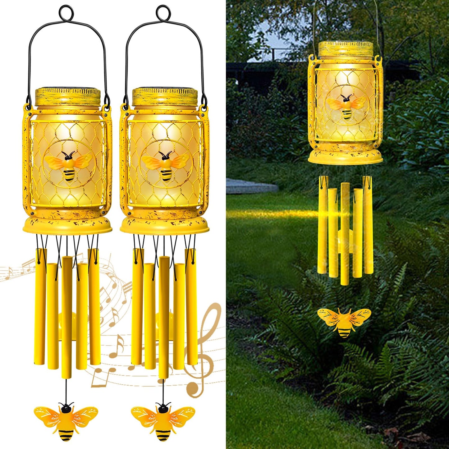 Vcdsoy 2 Pack Solar Bee Wind Chimes for Outside for Mom Women Grandma,Solar Bee Mason Jar Wind Chime Light Unique Hanging Wind Chimes Outdoor,IP65 Waterproof, for Yard Garden Terrace