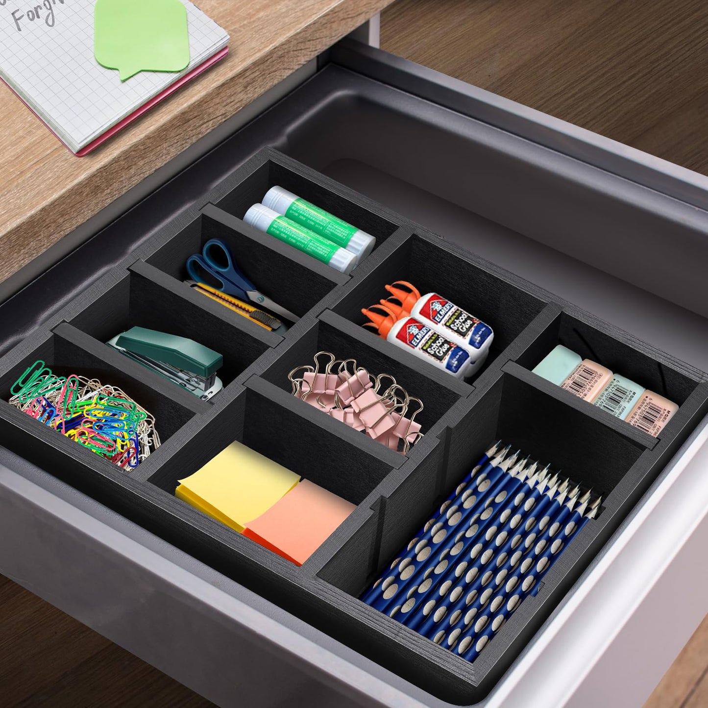 Wooden Desk Drawer Organizer, 9-Slot Office Organization and Storage Box, Adjustable Natural Wood Desktop Tray for Pens, Sticky Notes, and Small Accessories, Aesthetic Home Office Decor (12 x 9 In)