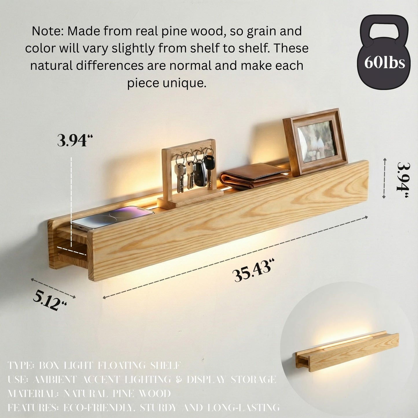 CANCHIC 24" Natural Wood LED Floating Shelf, Heavy Duty Solid Pine Decorative Wall Mounted Shelf with Soft Ambient Lights, Minimalist Ledge for Living Room & Bedroom, Ideal for Scandinavian Home Decor