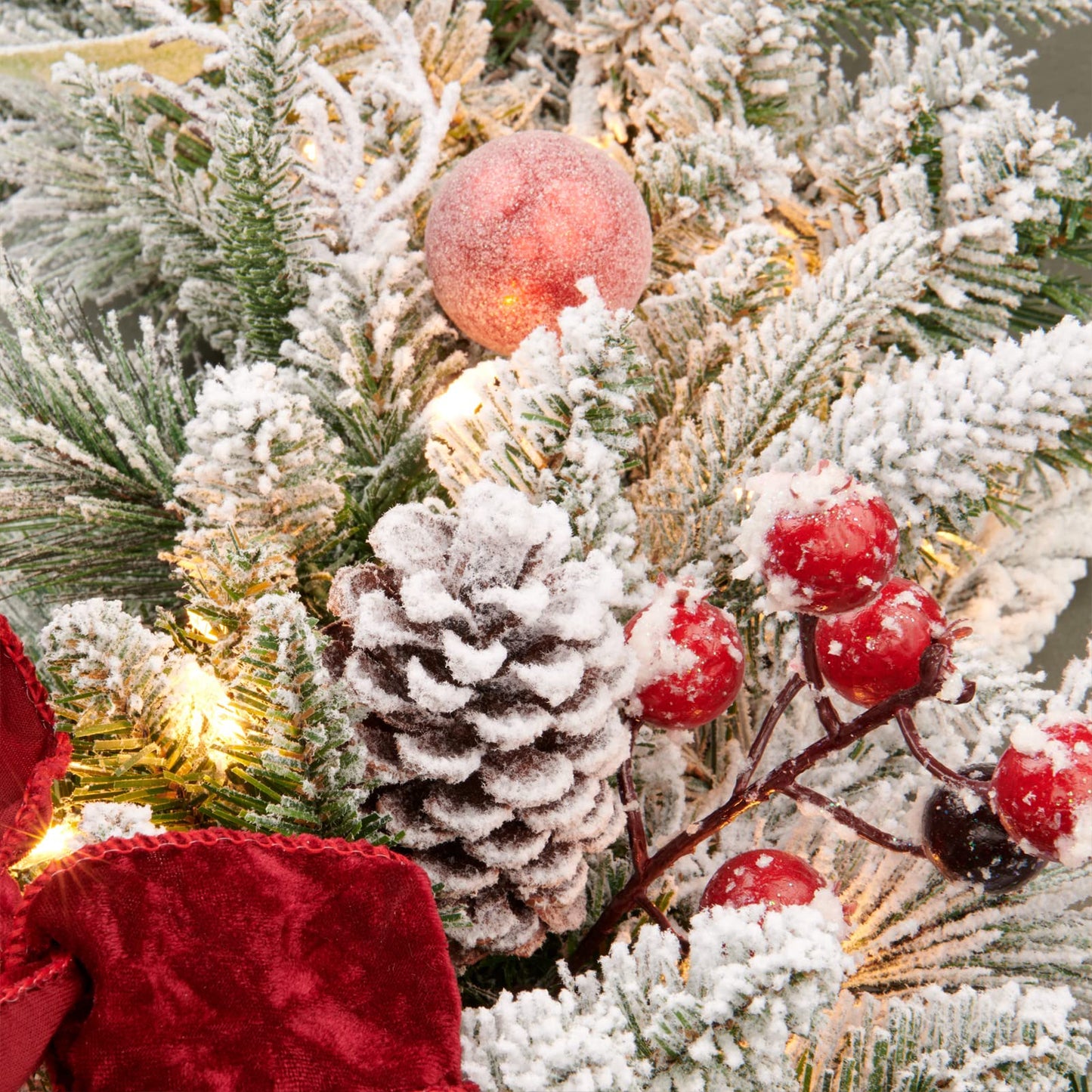 AMERZEST 9ft Pre-lit Flocked Christmas Garland with Red Balls, Berries and and 50 Battery Operated Soft White LED Lights with Timer,Artificial Holiday Decoration Door Outdoor