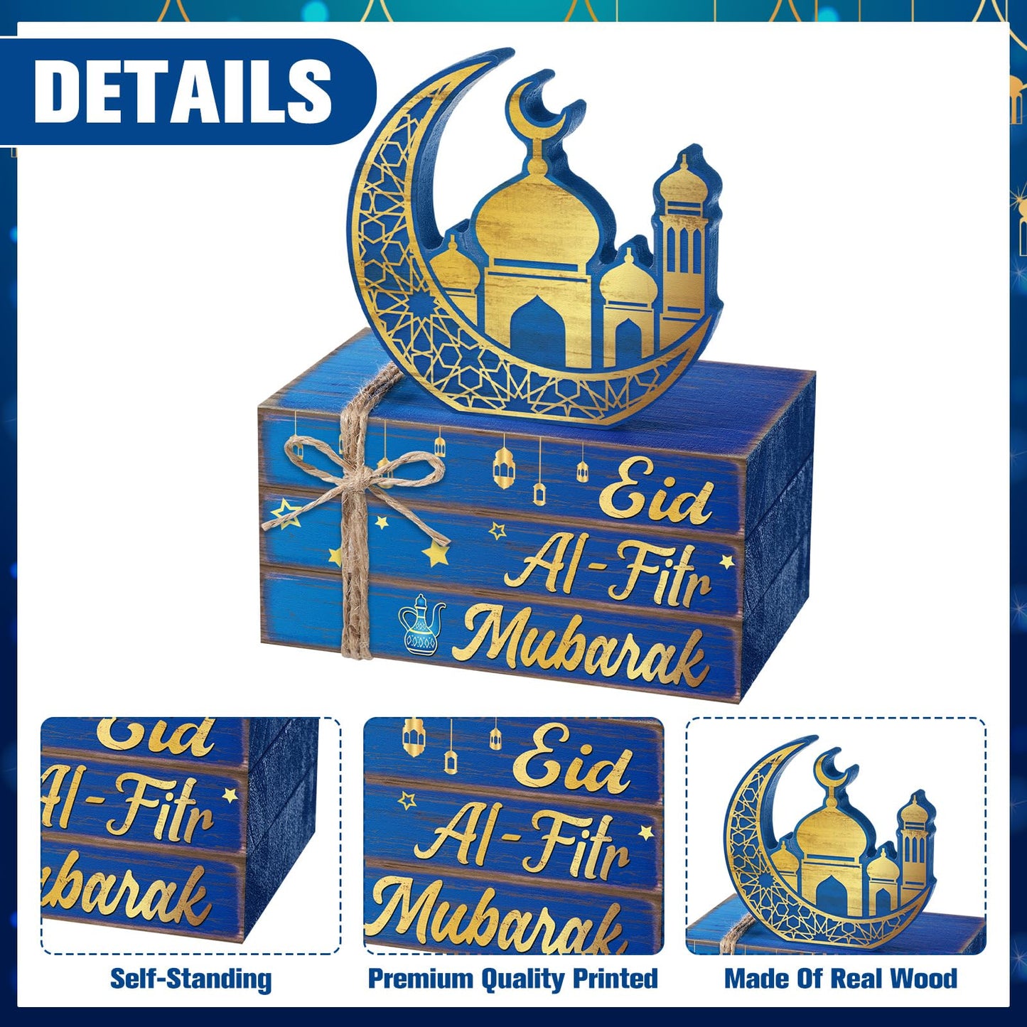 Geelin 4 Pcs Eid Mubarak Tiered Tray Decor Wooden Book Stack Signs, Blue Gold Islamic Crescent Moon Mosque Table Centerpiece for Ramadan Home Shelf Coffee Bar Mantel Decorations