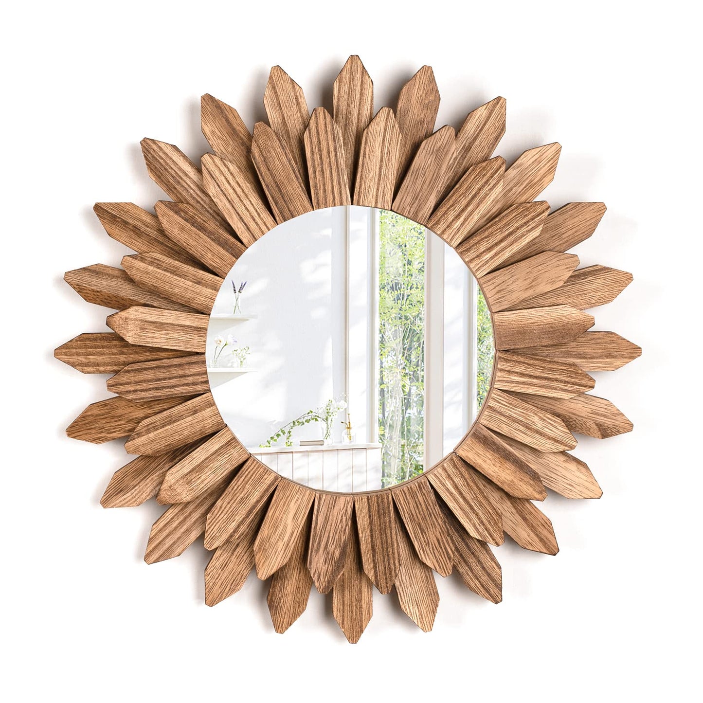 Emfogo Wall Mirror 12 inch Rustic Wood Sunburst Boho Mirror Wall Decor Home Decor for Bedroom Living Room Entryway Farmhouse (Carbonized Black)