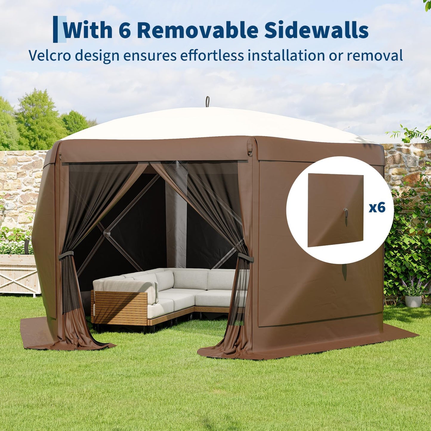 GarveeLife 11.5x11.5FT 6-Sided Pop Up Gazebo Tent，One-Push Setup Canopy Tent with Mesh Panels & Removable Wind Cloths, Outdoor shelter for Camping, Backyard Parties, Outdoor Events - Beige & Khaki