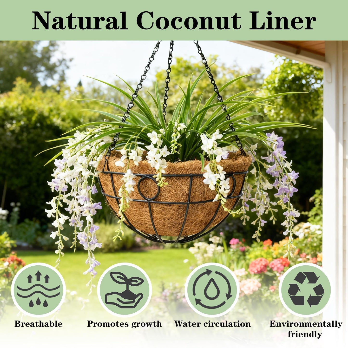ZVOWOS 4 Pack 14 Inch Black Metal Hanging Planter Baskets with Coco Coir Liner Sturdy Hanging Flower Basket for Outdoor Indoor Garden Porch Patio Balcony Decor (Round)