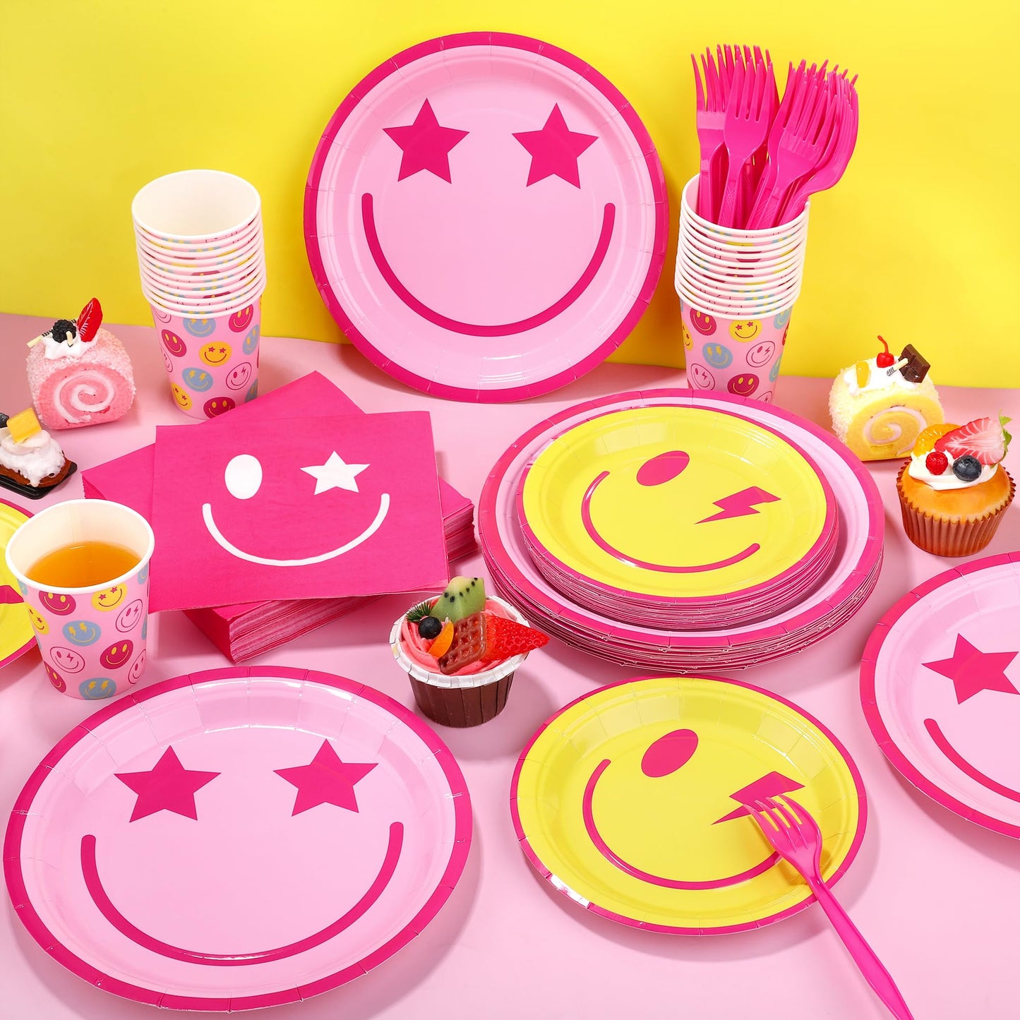 Kochorie 144 Pieces Preppy Smile Party Tableware Sets Including Disposable Plates Napkins Cups Forks Serves 24 for Smile Face Party Birthday Baby Shower Decor Party Supplies