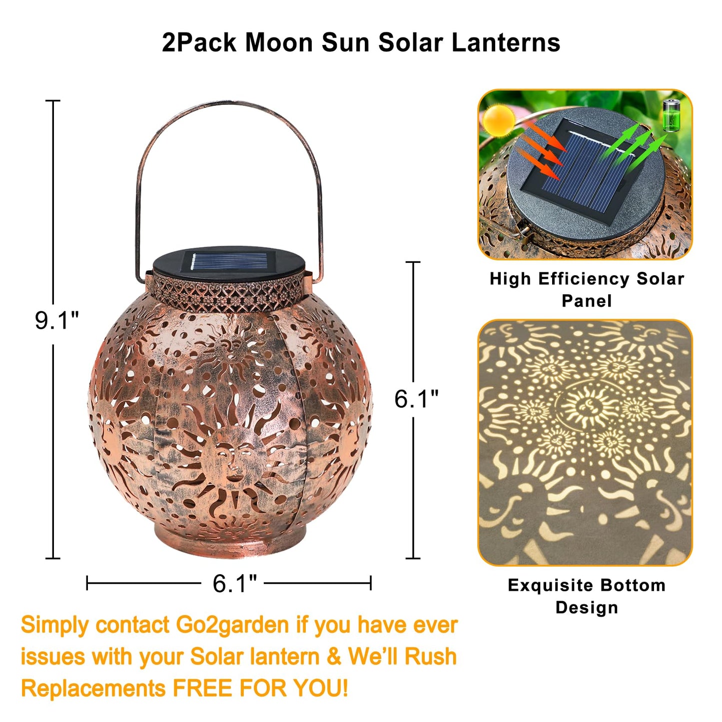 Go2garden Gifts 2Pack Solar Lanterns Outdoor Waterproof Mothers Day Gifts for Mom Moon Star Sun Solar Lights for Balcony, Yard,Birthday Gifts for Women Grandma Wife (Bronze)