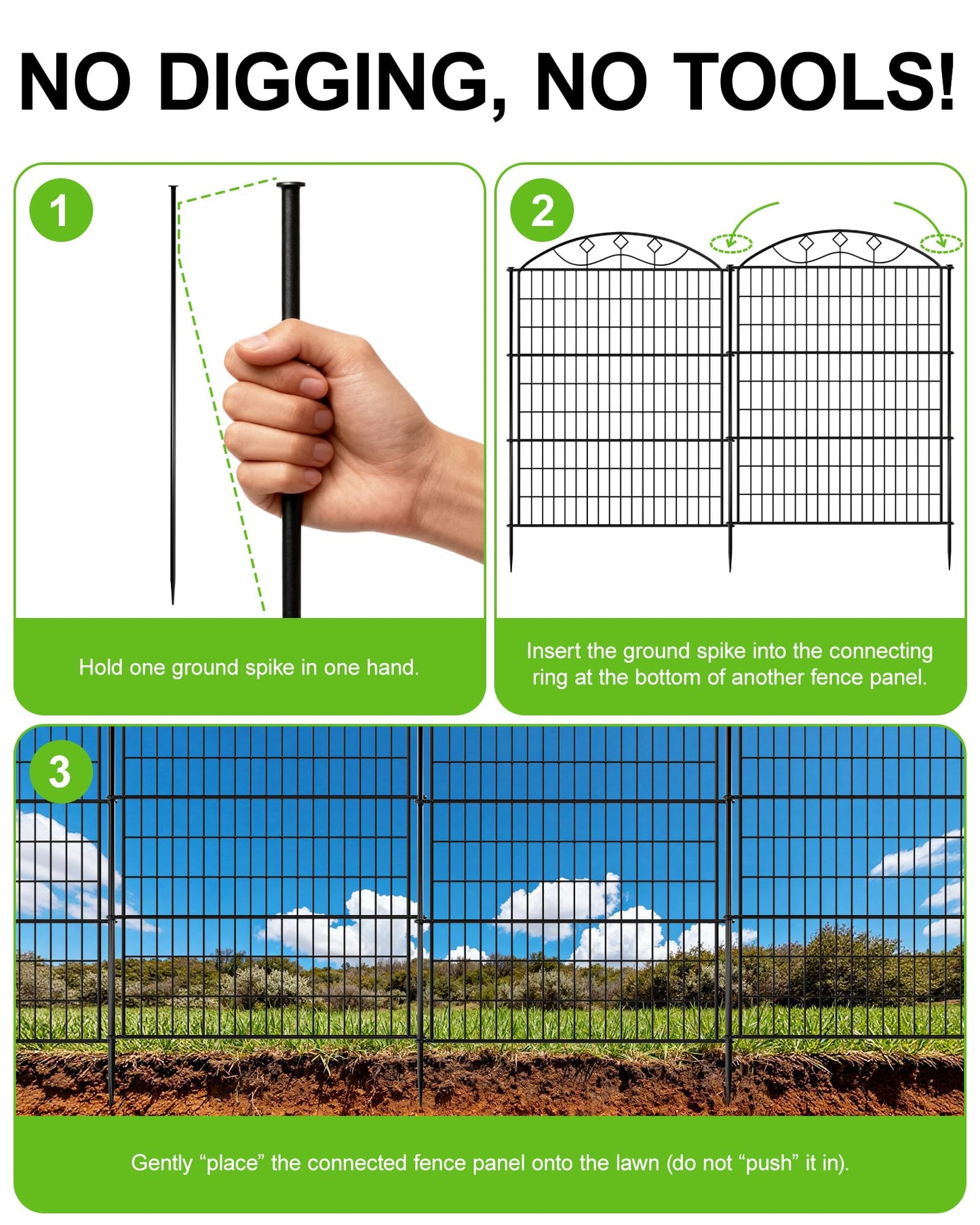 40in Tall 10-Panel Metal Garden Fence, No Dig Temporary Yard Fencing, Reusable Animal Barrier for Large Dogs & Garden Protection, Black