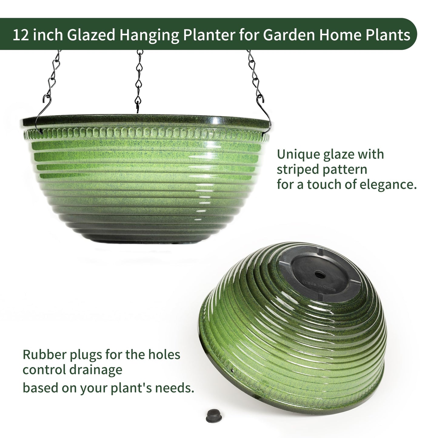 Vanslogreen 12 inch Hanging Planters for Indoor Outdoor Plants, 2 Pack Large Hanging Flower Pots with Drainage Holes and Chain, Glazed Hanging Baskets for Home Garden Decoration, Green