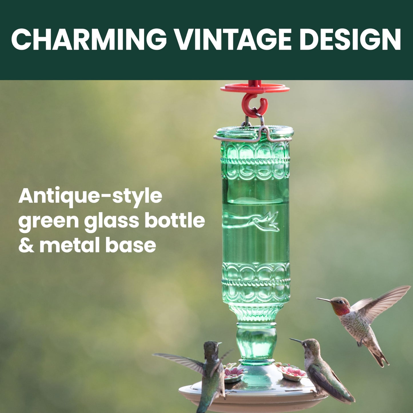 Perky-Pet Glass Bottle Hummingbird Feeder - Outdoor Garden Décor Humming bird Feeder, 8108-1SR - 10 Fl Oz Nectar Capacity - Durable Green Antique Design - Hang from Tree, Porch, Deck, Hook