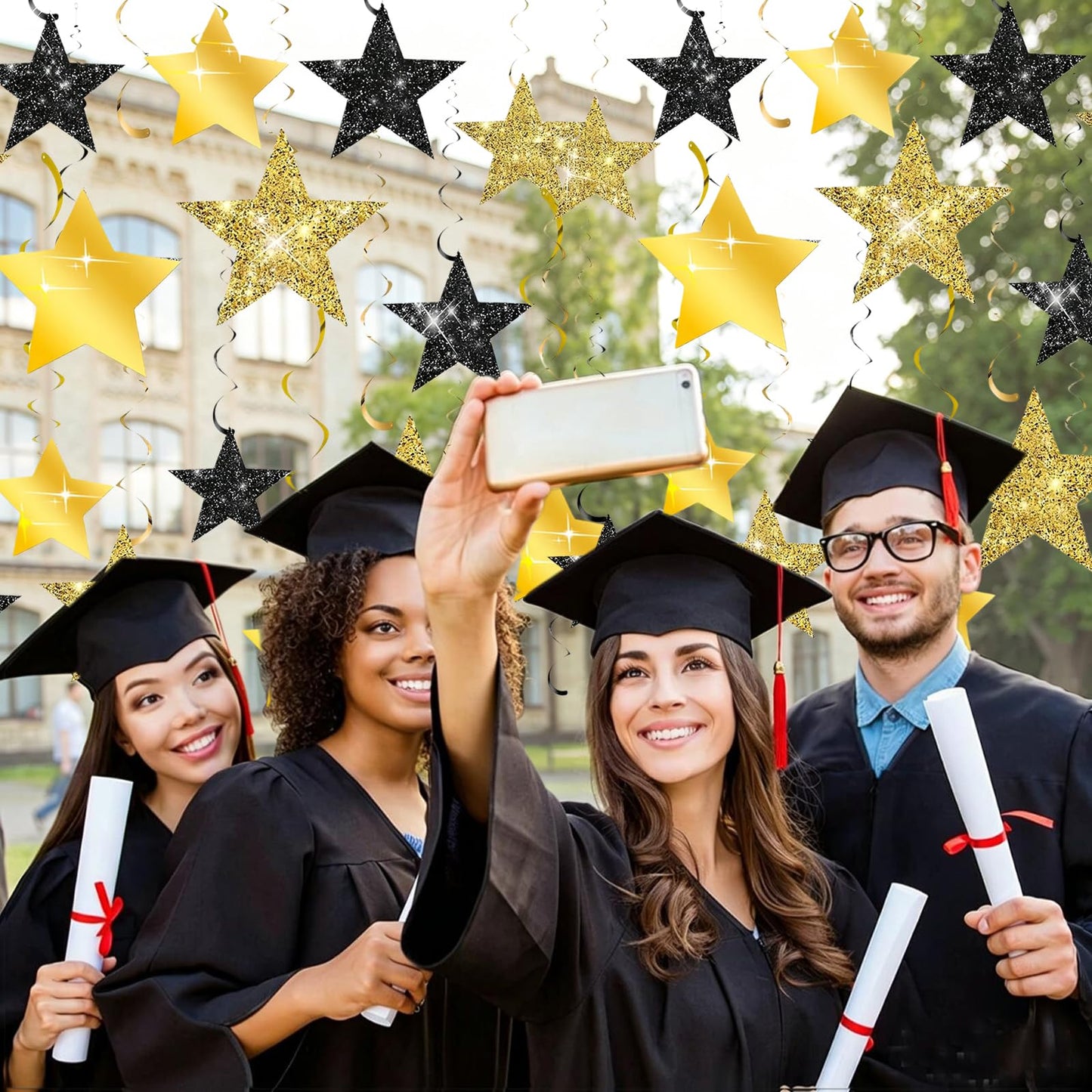 Black Gold Graduation Decorations/Black Gold Party Decorations/Black and Gold Star Hanging Swirls, 16 Pieces, for Birthday,New Year Eve, Graduation Star Party Decorations