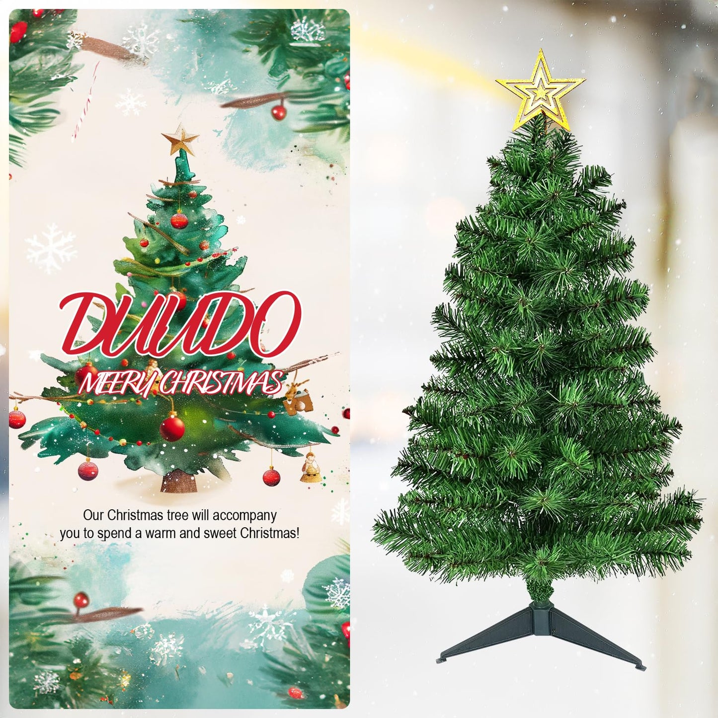 DUUDO 3FT Premium Hinged Artificial Holiday Small Mini Christmas Tree for Tabletop,Home, Office, Indoor and Outdoor Holiday Decoration,Easy Assembly Metal Hinges & Foldable Base