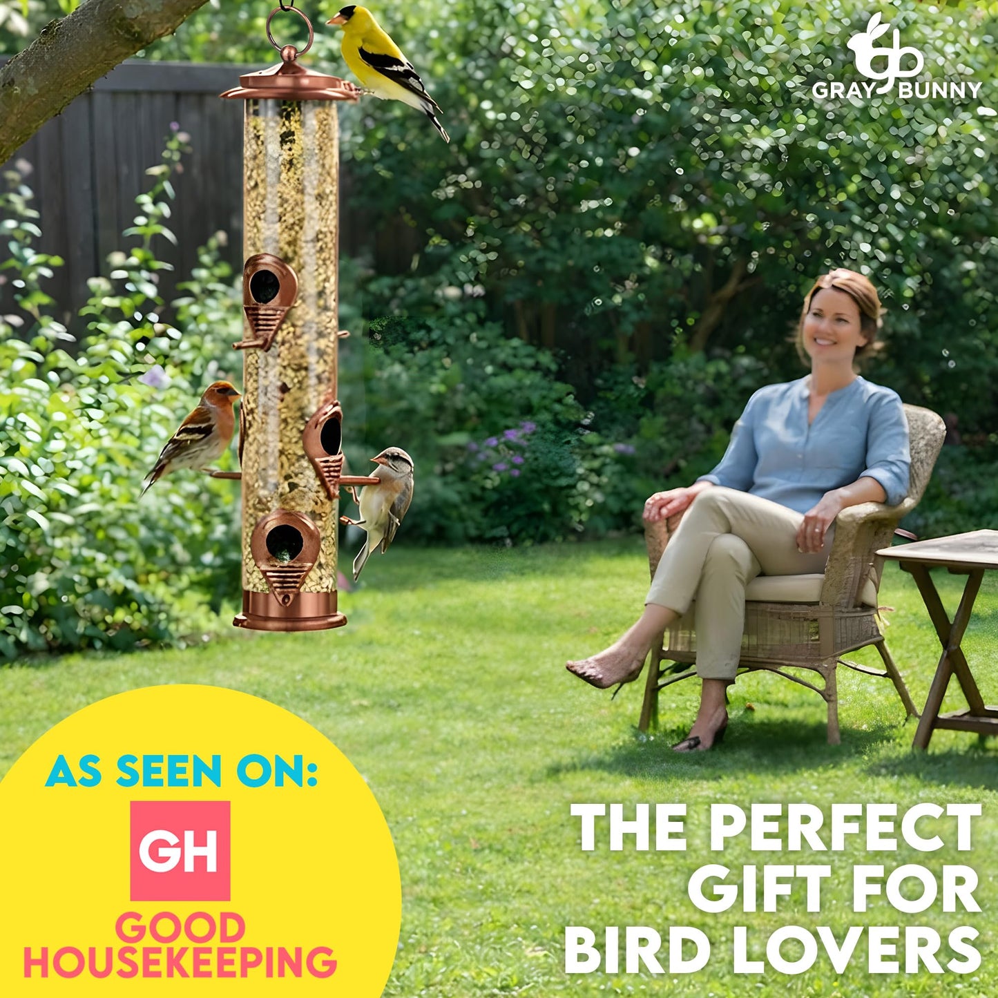 Bird Feeder for Outdoors (Brushed Metal Copper) Hanging Bird Feeders with Locking Lid & Adjustable Hanger, Chew-Proof, Weather Resistant (15 Inches, 6 Port)