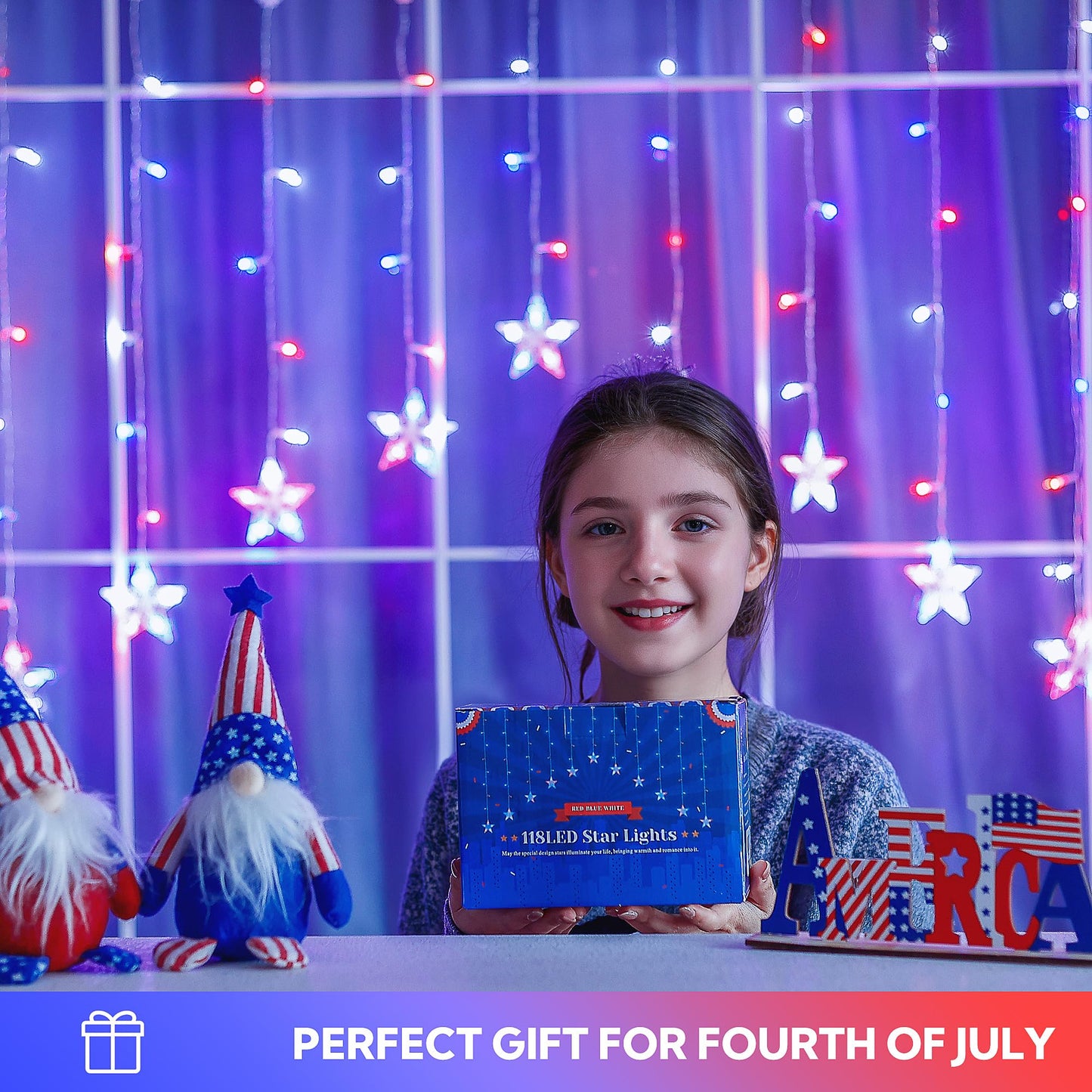 4th of July Patriotic Star Icicle Lights,red White and Blue Curtain String,11.5ft 118LED Waterproof 8 Modes with Timer Connectable Independence Day Decorations Window Lights for Outdoor Indoor