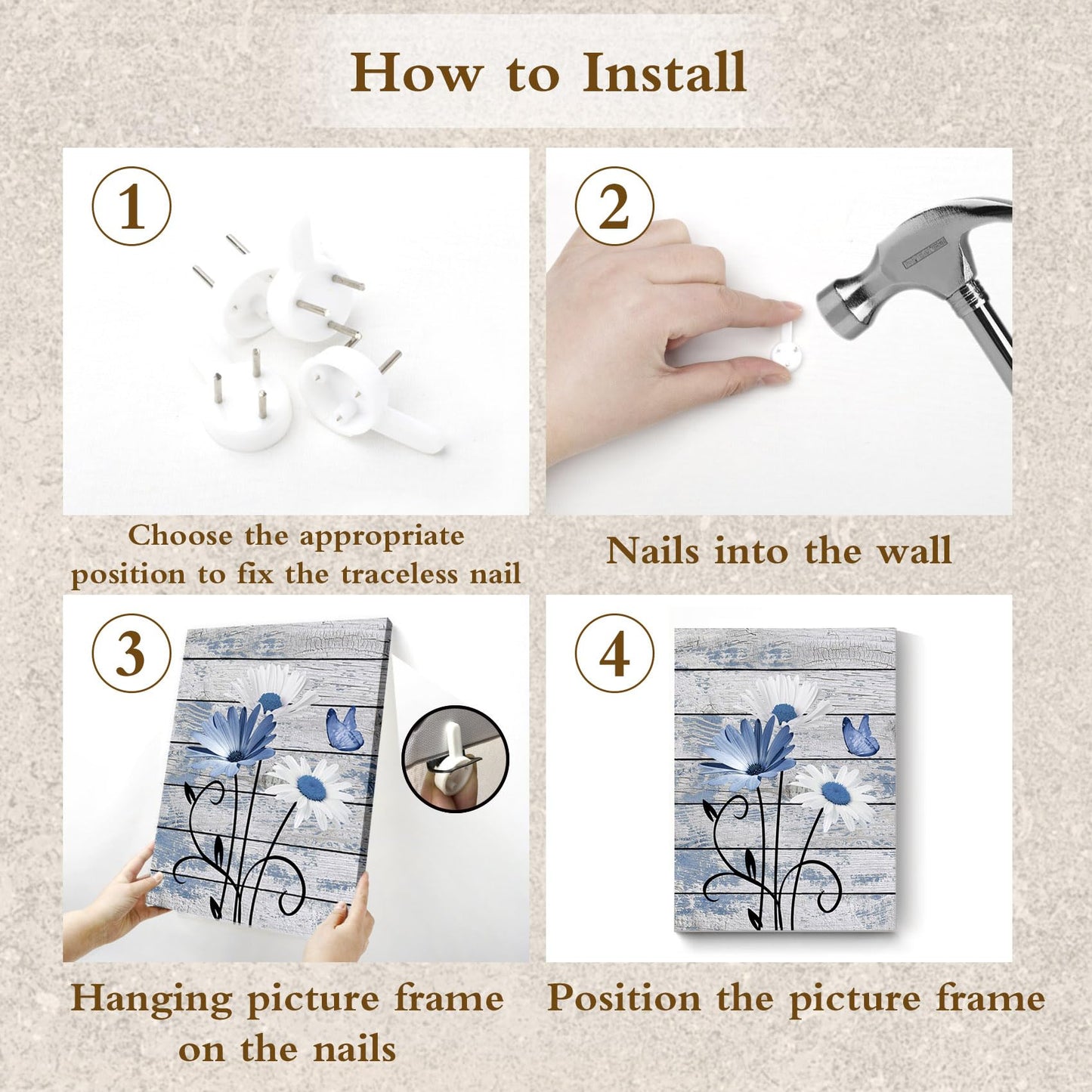 HVEST Farmhouse Floral Wall Art for Living Room, Blue and White Daisy Flower and Butterfly on Rustic Wood Board Canvas Wall Art Framed Artwork Ready to Hang for Bathroom Bedroom Decor, 16L X 12W