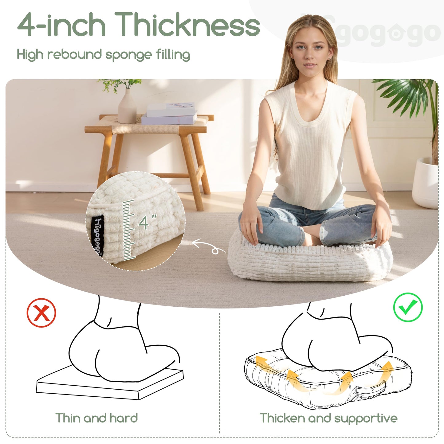 Washable Floor Pillow Cushion for Adults, Meditation Cushion Pillow, Removable Tufted Blended Corduroy Cover, Large Square Floor Sitting for Tatami Living Room or Yoga, 22x22 Inch, Machine Washable