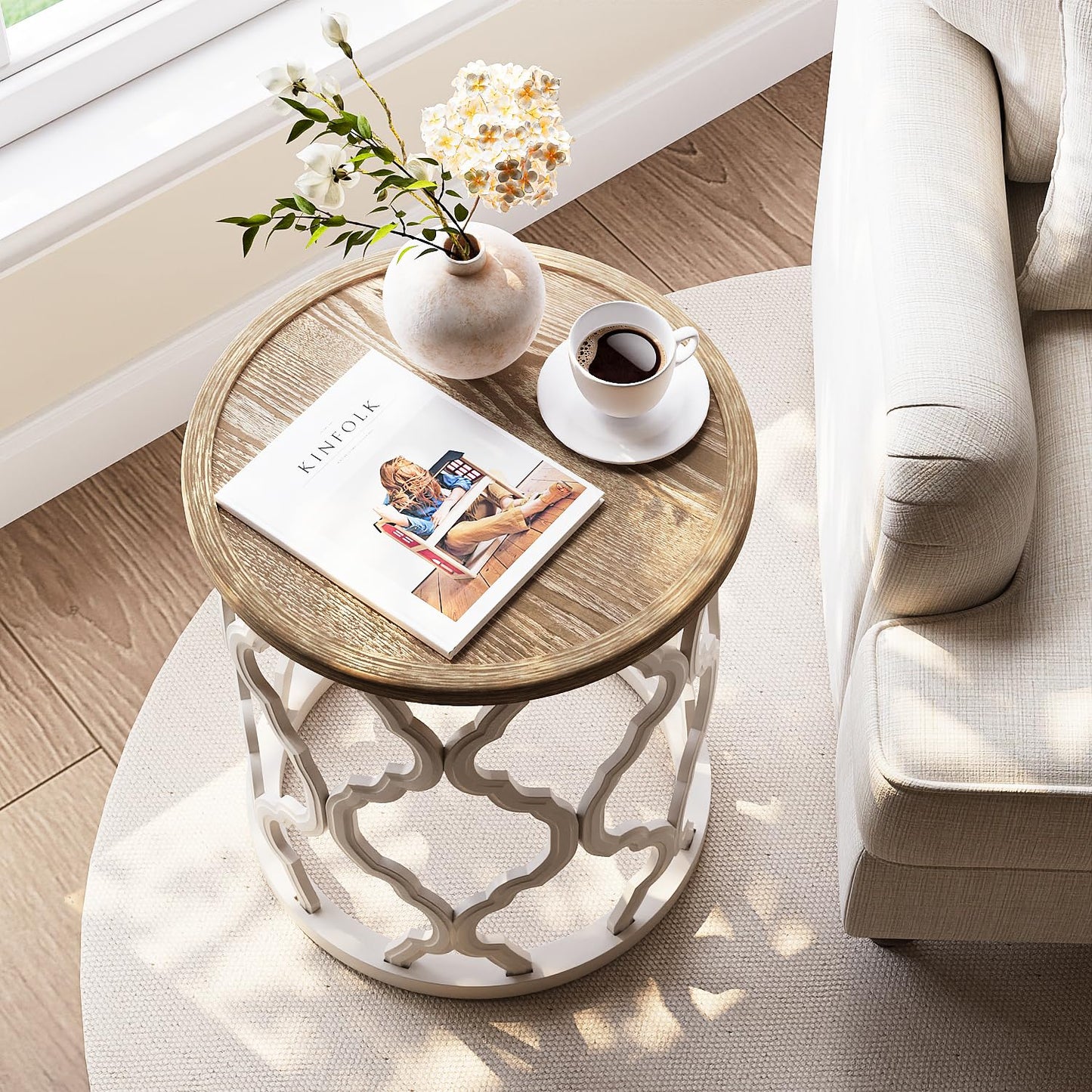 karlott Farmhouse End Table, 18.5'' French Country Round Side Table, Distressed Tray Top Side Table with Curved Motif Frame Base for Boho, End Tables Living Room, Bedroom, Small Space, Cream Beige