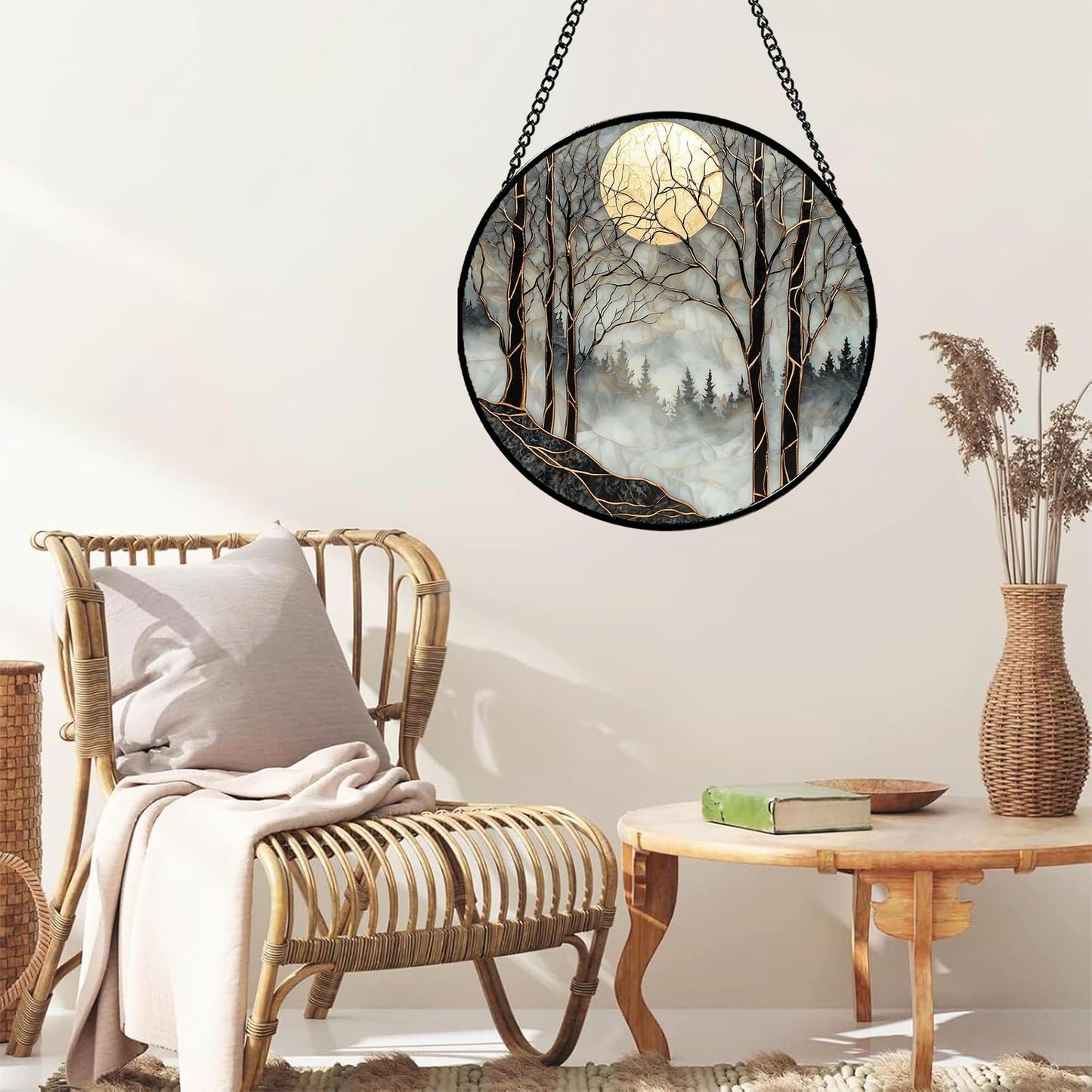 AMDERVEN Stained Glass Window Hanging - Black and White Gold Moon Forest Sun Catcher for Door Home Decor Suncatcher Christmas Mother's Day Birthday Gifts for Women Men Lovers Mom Nana 7.8 in