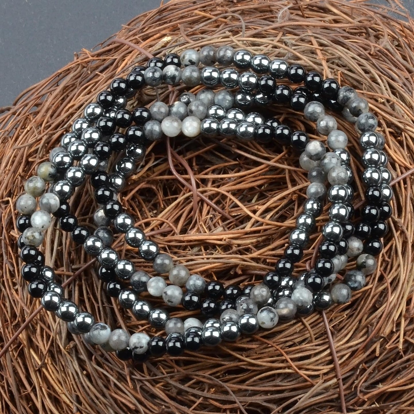 MASSIVE BEADS Hematite Onyx Larvikite Labradorite - Competitive Handmade Handmade Yoga Stretch Elastic Bracelet Natural Stone Crystal Healing Power Energy Gifts for Unisex Adult 4mm