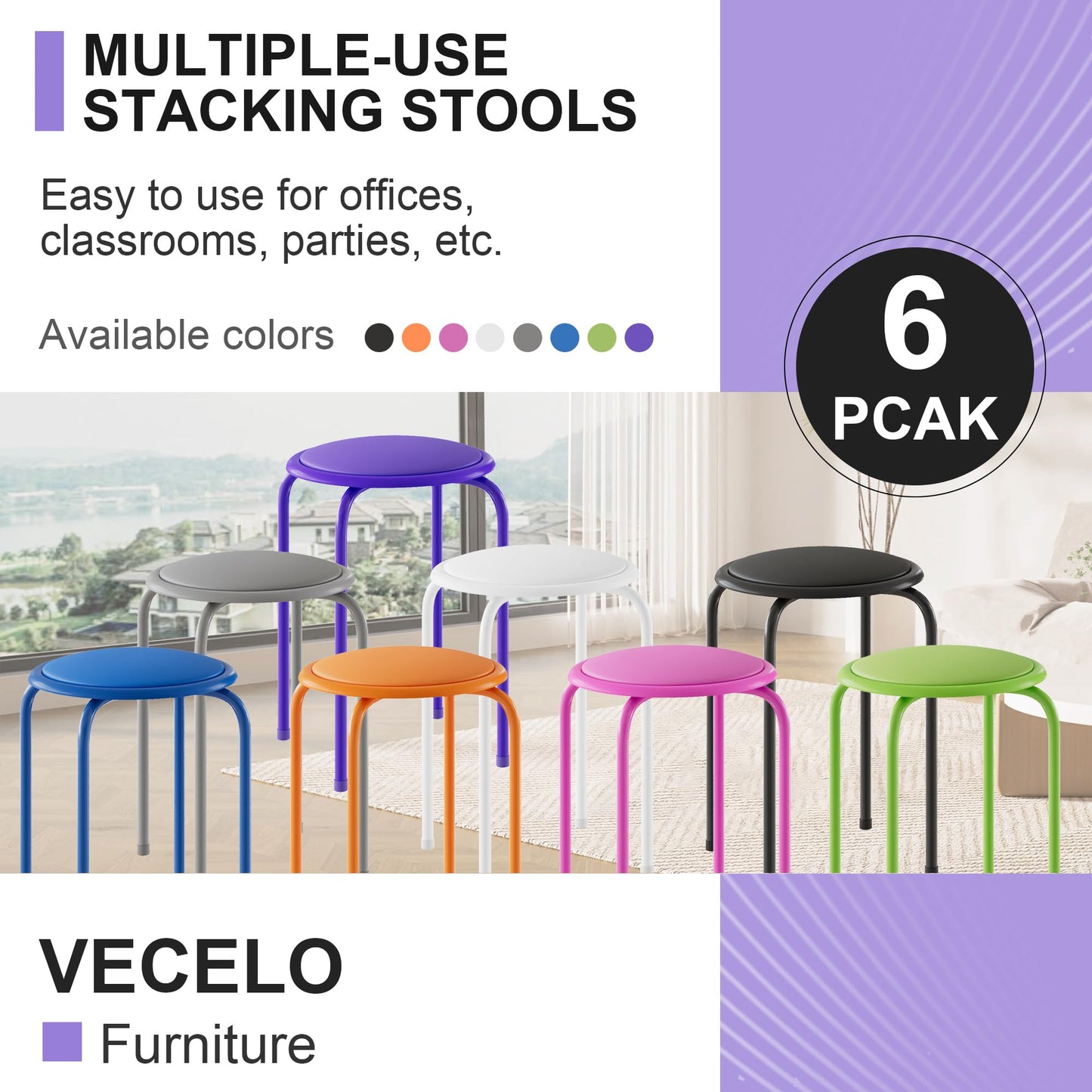 VECELO 6-Piece Stacking Stools, 17 Inch Standard Height, Padded Seat & Steel Legs, Portable Stackable Decoration Stools for School Classroom and Office Use, Purple