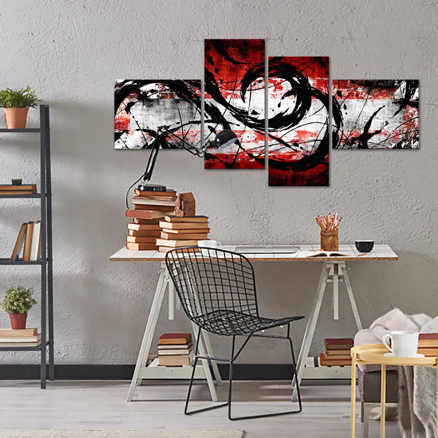 KREATIVE ARTS 4 Panel Black and Red Wall Art Canvas Print Modern Abstract Painting for Home Stair Wall Decor L68xH32inch