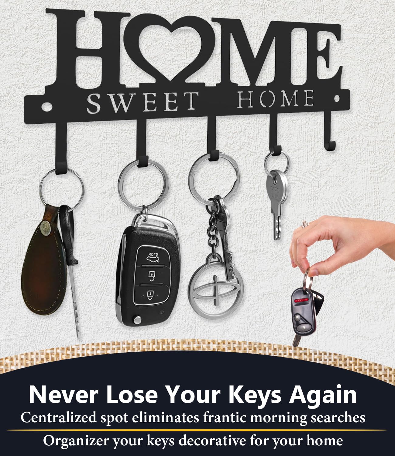 Key Holder Hooks Organizer Hanger Rack Wall Mounted Sweet Home Metal Decor Stylish and Practical for Entryway Front Door Kitchen Hallway Garage Mudroom Office 9.8inches/25cm Hardward Included Black