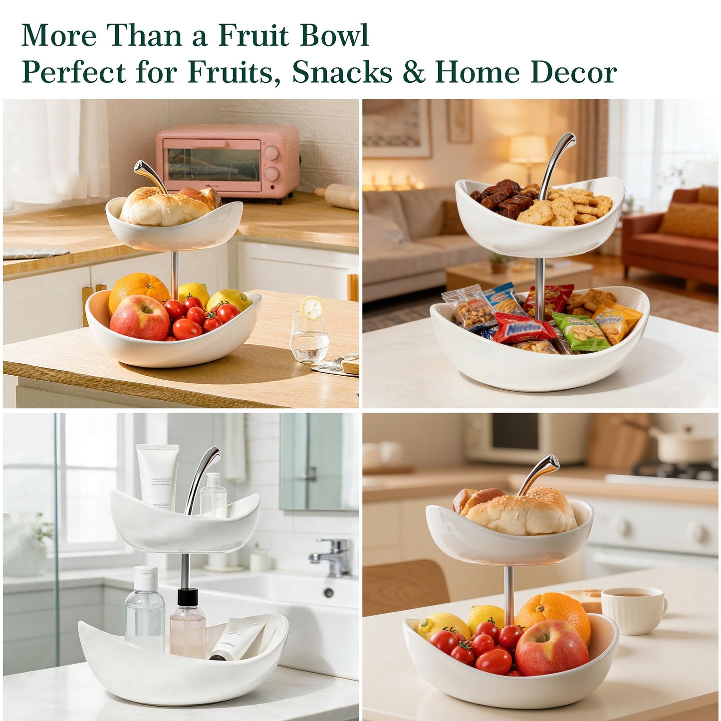 SEVEN SPARTA Double Layer Cherry-Shaped Ceramic Fruit Bowl, 2-Tier Countertop Fruit Basket for Kitchen, Modern Decorative Serving Platter for Fruits, Snacks, Candies (White)