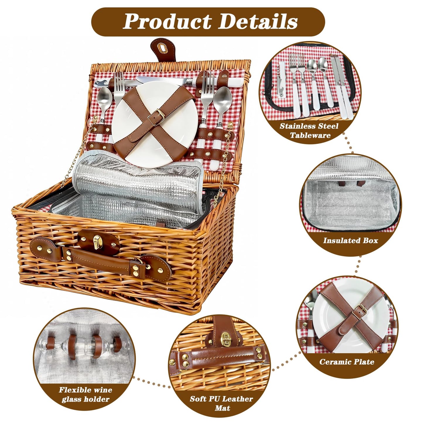 Picnic Basket for 2 - Picnic Basket with Cutlery Kit and Glasses, Insulated Picnic Set with Waterproof Liner, Portable Wicker Picnic Baskets with Lid and Handle for Outdoor, Picnic, Camping, Holidays