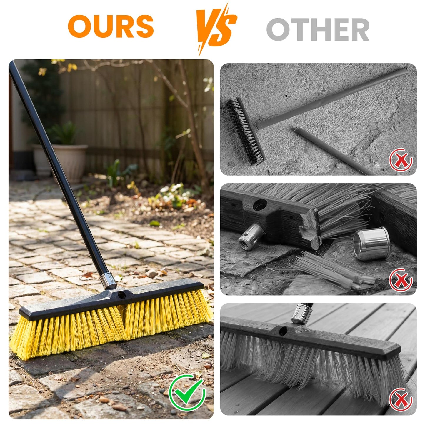TOMAIX 18 Inches Push Broom Outdoor，Commercial Broom Brush，Stiff Bristle Brush with 61.8 inches Long Handle for Patio Garage Deck Street Shop Warehouse Lawn Driveway -2 Pack