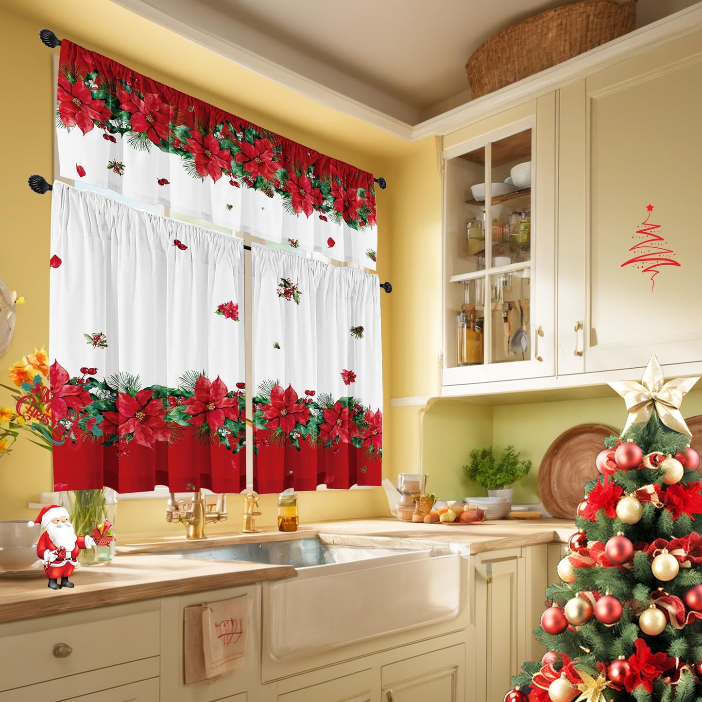 Cuteiush Christmas Poinsettia Curtain Valances Set of 3 Panels,Red,White&Green Rod Pocket,Festive Decor for Kitchen Bedroom, Bathroom,Laundry,52x18 Inch + 2x36x26 Inch