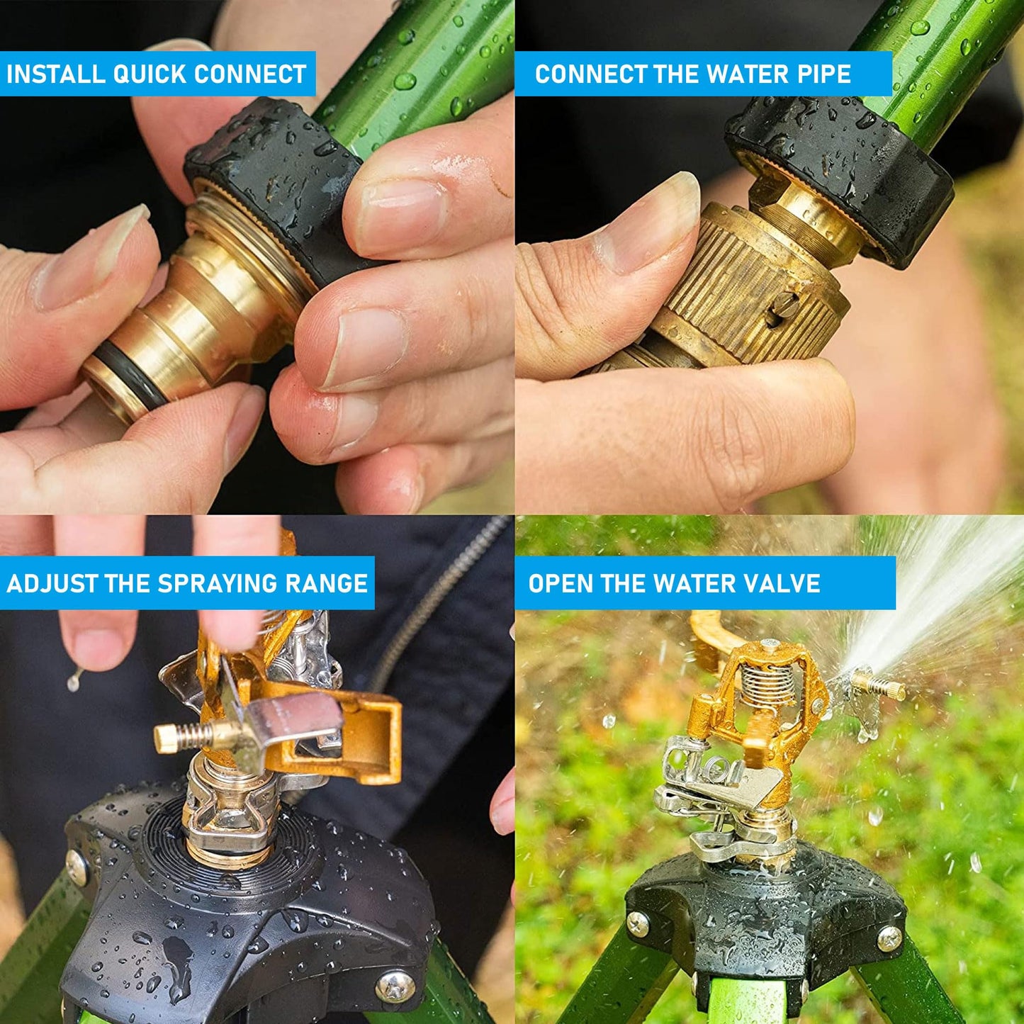 Wexo Palindrog Impact Sprinkler on Tripod Base, Heavy Duty Adjustable Zinc Sprinkler Head for Lawn Yard Garden, 360 Degree Large Area Irrigation, 3/4" Connector Extension Legs Flip Locks, 2 Pack