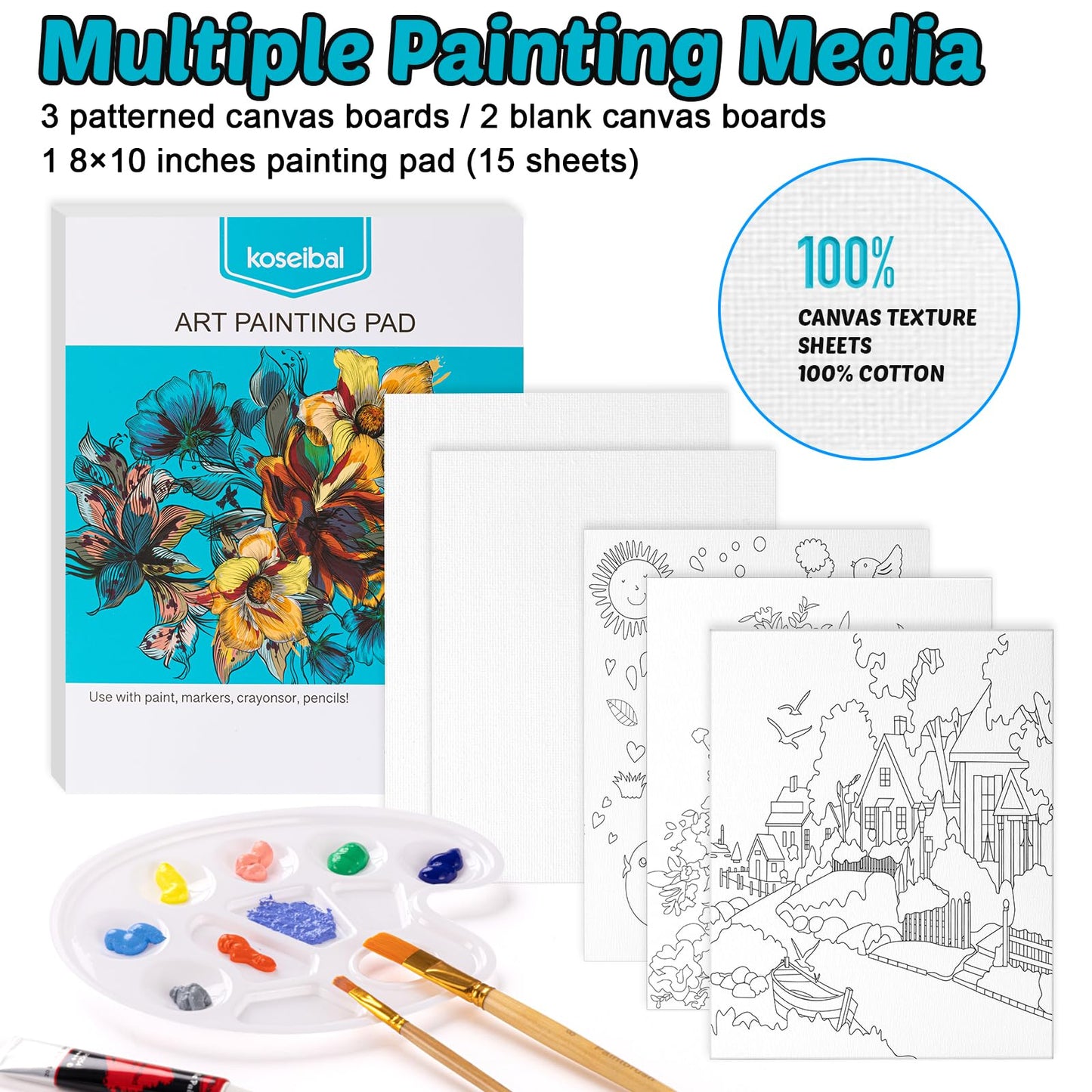 koseibal Acrylic Paint Set for Kids, Art Painting Supplies Kit with 18 Paints, 5 Canvas Panels, 8 Brushes, Table Easel, Etc, Premium Paint Set for Students, Artists and Beginner