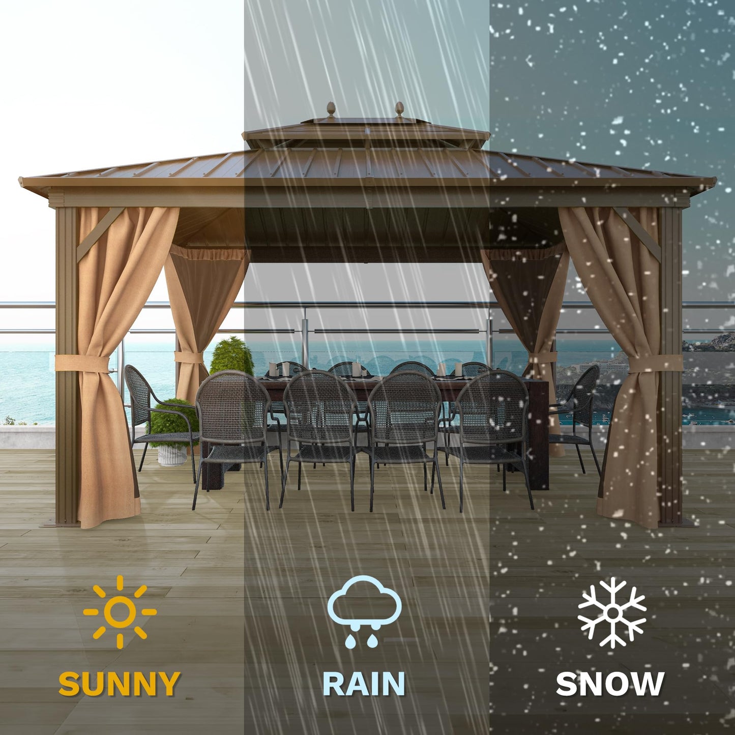 DWVO 10x12ft Hardtop Gazebo Heavy Duty Double Roof Galvanized Steel Outdoor with Nettings and Curtains, Combined of Horizontal Vertical Stripes Roof for Patio, Backyard, Deck, Lawn, Bronze