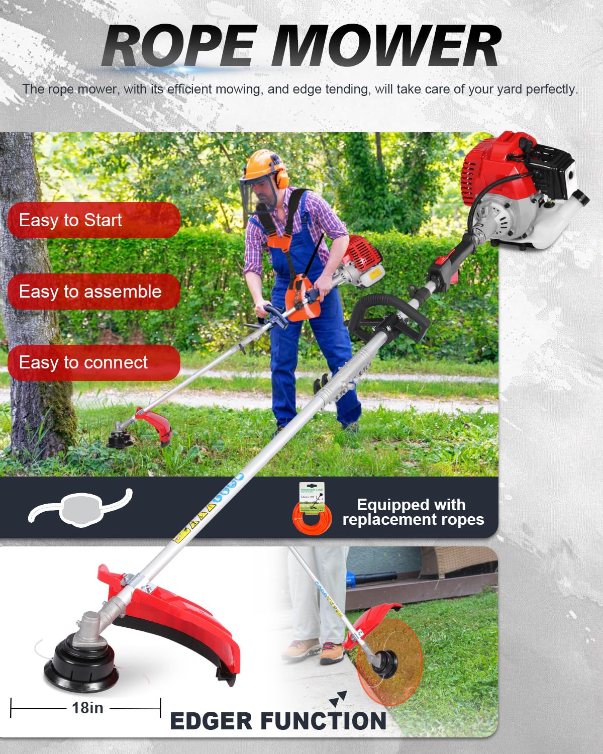 WTHW 52CC Gas Weed Wacker & Weed Eater Multi-Tool - Heavy Duty Brush Cutter, Pole Saw, Hedge Blade, String Line & 40-Inch Extension - Anti-Vibration Design, Fast Cold Starts (Red)